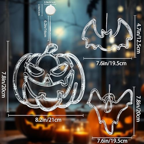 Miniatura 7 de Decoración de ventana de Halloween, paquete de 3 luces de ventana, luces iluminadas de calabaza, murciélago, fantasma, luces de Halloween para