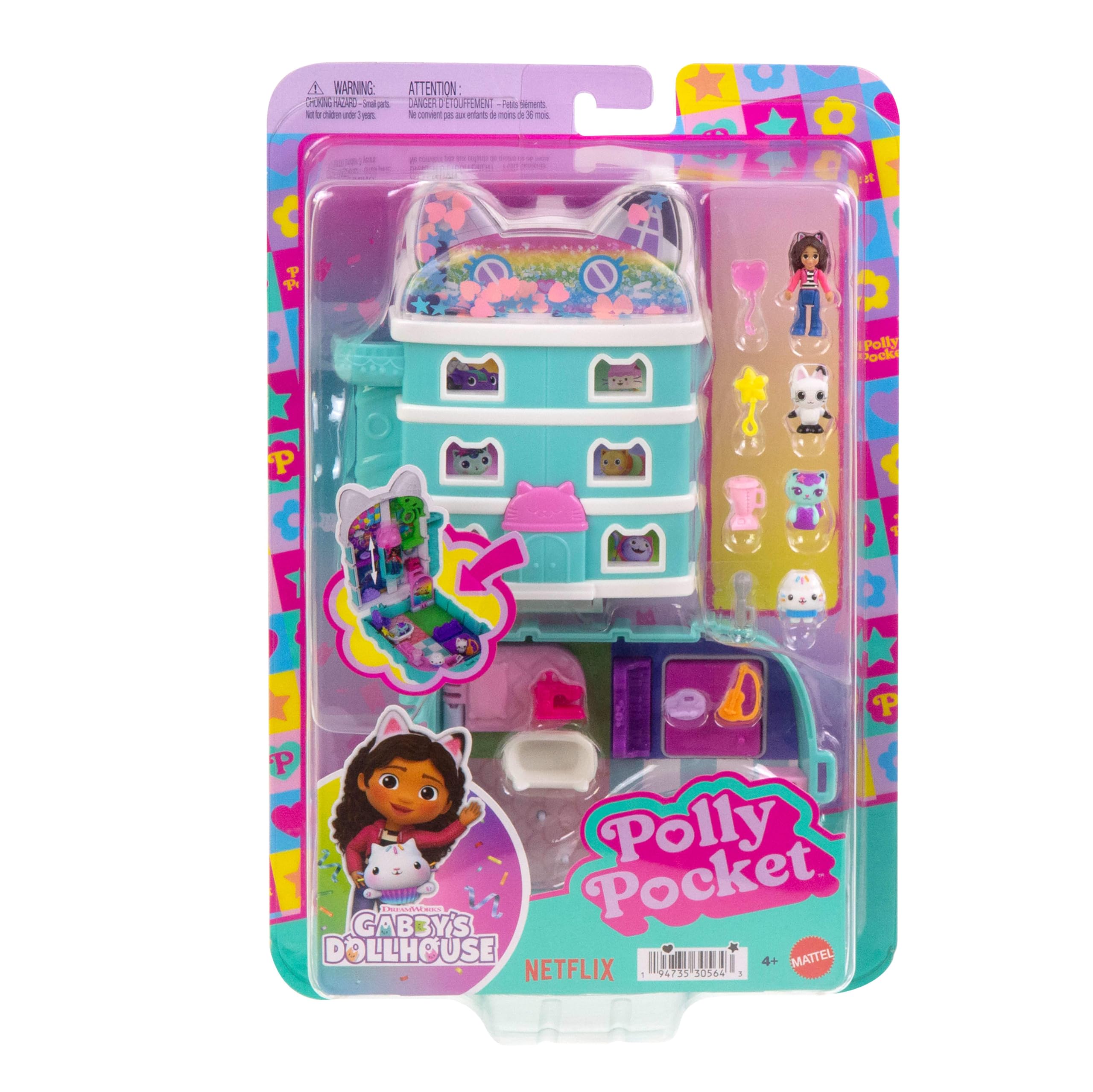 Polly Pocket - La Casa delle Bambole di Gabby, cofanetto con mini Gabby e 9 accessori, include gli amici gattini Pandy Panda, Dolcetto e Siregatta, giocattolo per bambini, 4+ anni, JFV02