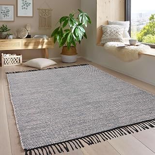 Taracarpet Handwebteppich Borkum Teppich fürs Wohnzimmer, Schlafzimmer und als Küchenteppich geeignet 100% Baumwolle grau 080x150 cm