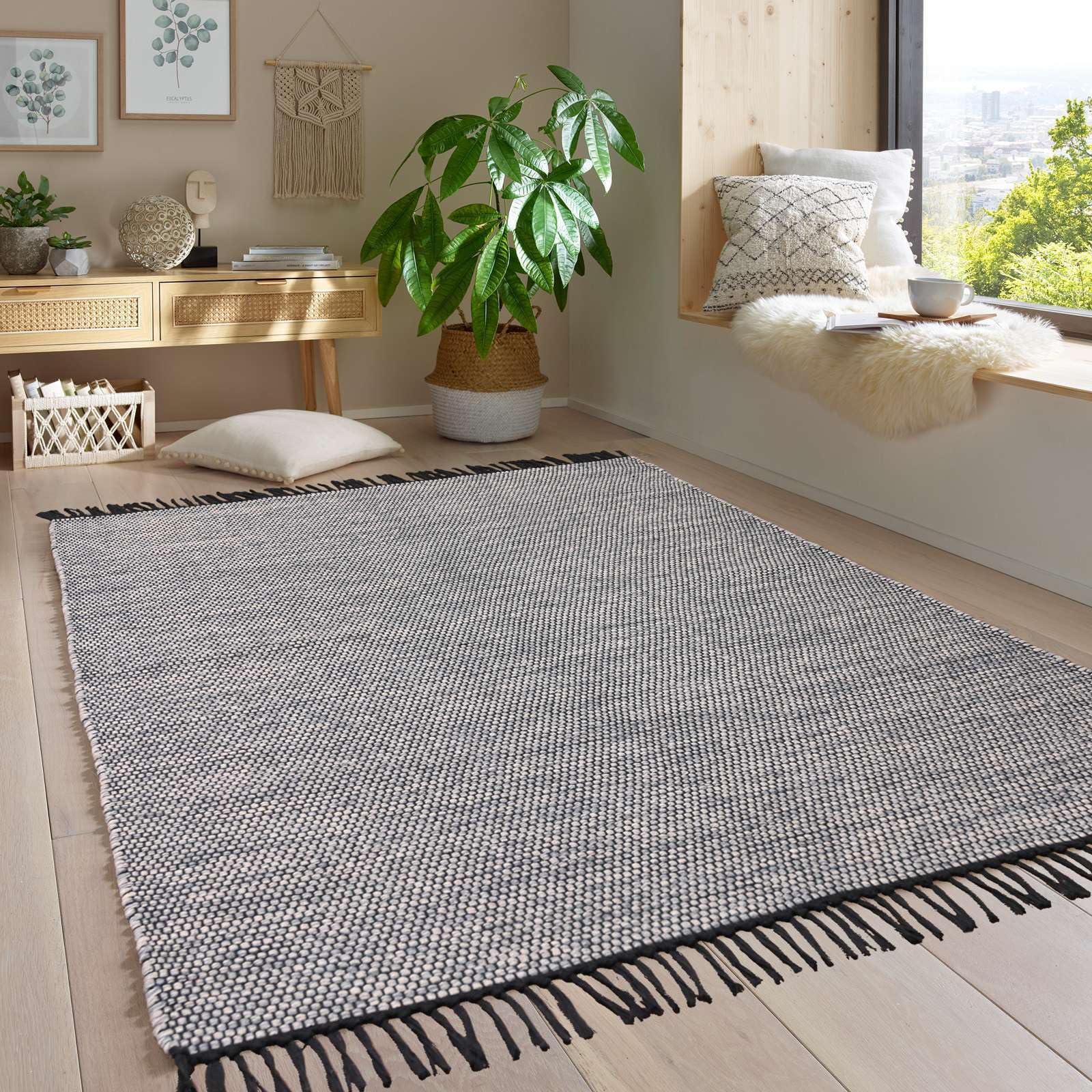 Taracarpet Handwebteppich Borkum Teppich fürs Wohnzimmer, Schlafzimmer und als Küchenteppich geeignet 100% Baumwolle grau 240x340 cm