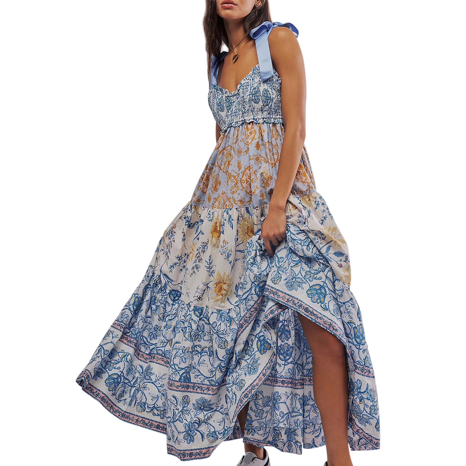 Women Summer Boho Dress Floral Printing Sleeveless Tie Shoulder Flowy Maxi Dress Y2k Beachwear Sundress