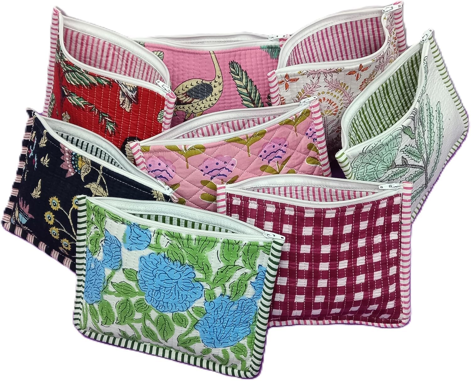 Mix Assorted Cotton Multicolor Design Floral Print Quilted Cosmetic Pouches 8X6 Inches Unique Toiletry Make Up Organizer Currency Case Storage Bags with Zipper Closure (10)