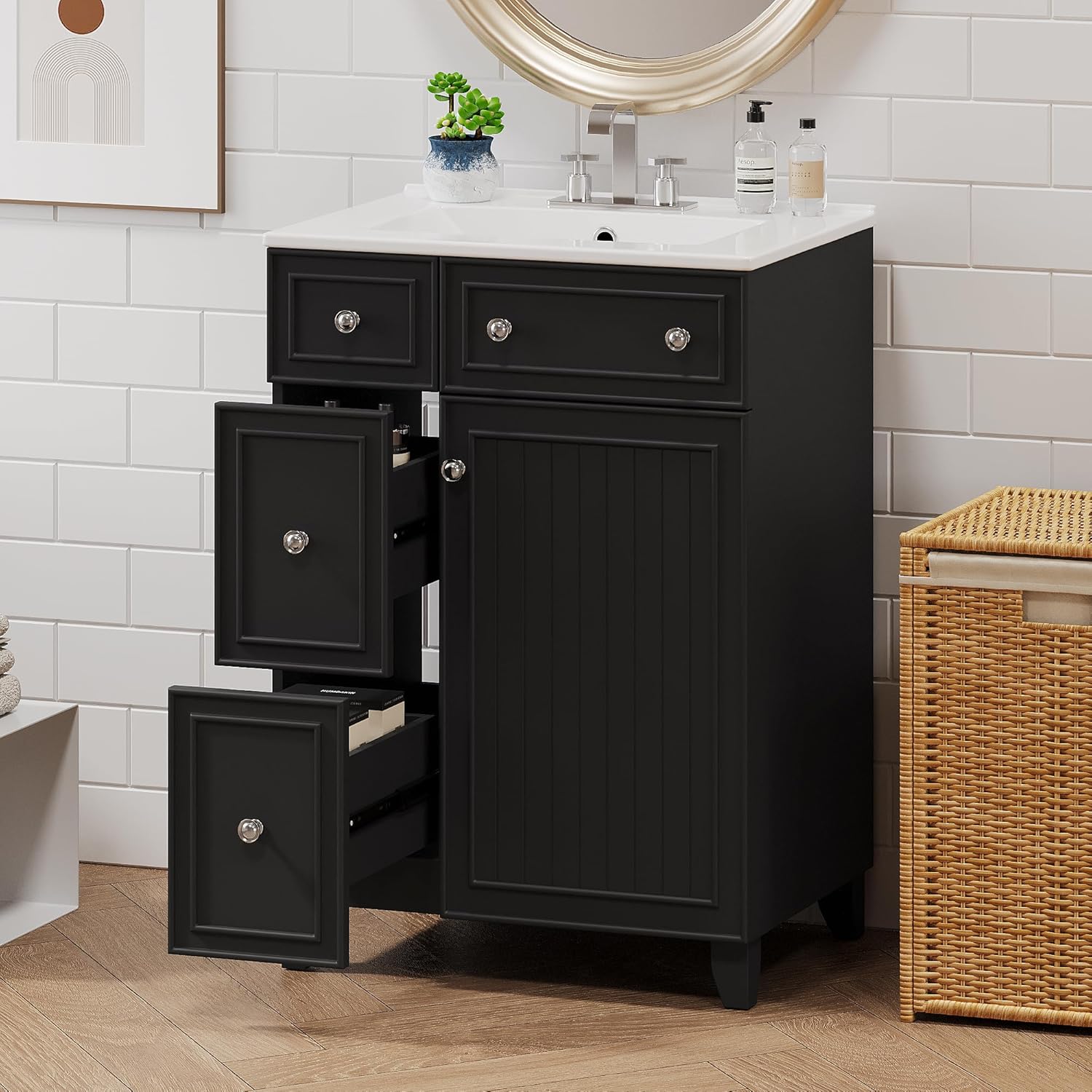24 Inch Bathroom Vanity with Sink, Small Freestanding Bathroom Vanities with Soft-Close Door & Double Drawers, Modern Single Sink Vanity Combo for Small Bathrooms, Black