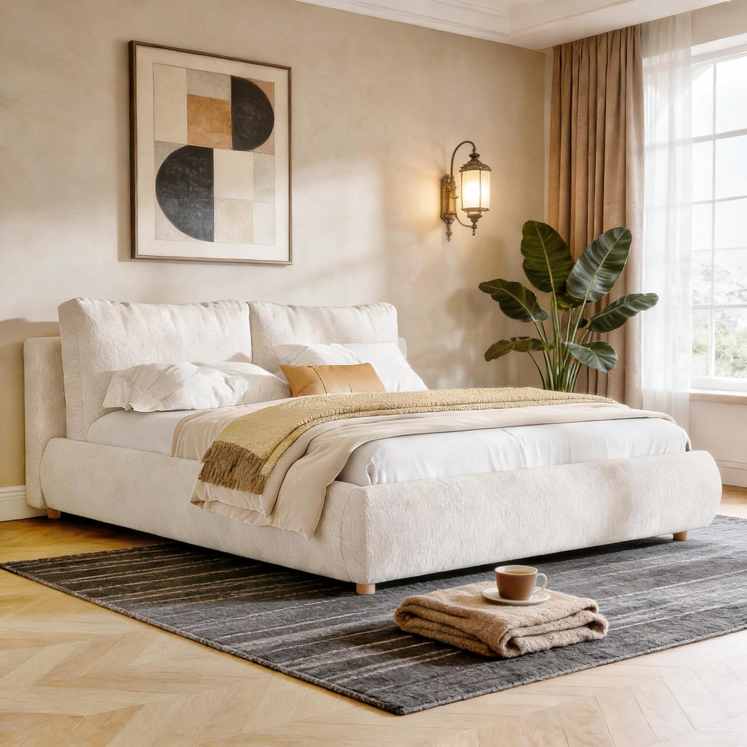 Queen Size Bed Frame with 2 Removable Pillow Headboard, Boucle Fabric Marshmallow Upholstered Platform Cloud Bed, Queen Soft Frame Cream Bedframe, Wood Slats Support, White Beds