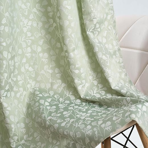 haus & kinder Floral Blackout Jacquard Polyester Curtains for Door Set of 2, Ginkgo Serenity Curtains, 250 GSM, Celadon Nature Design, Hangs with Eyelets, Sun Light Filtering 7 Feet Curtains