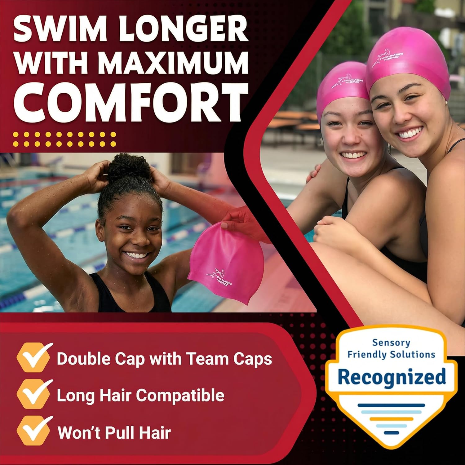 Hammer Head Swim Cap for Safety and Speed with Honeycomb Impact Technology - Reduce Frontal Drag - One Year No-Rip Guarantee