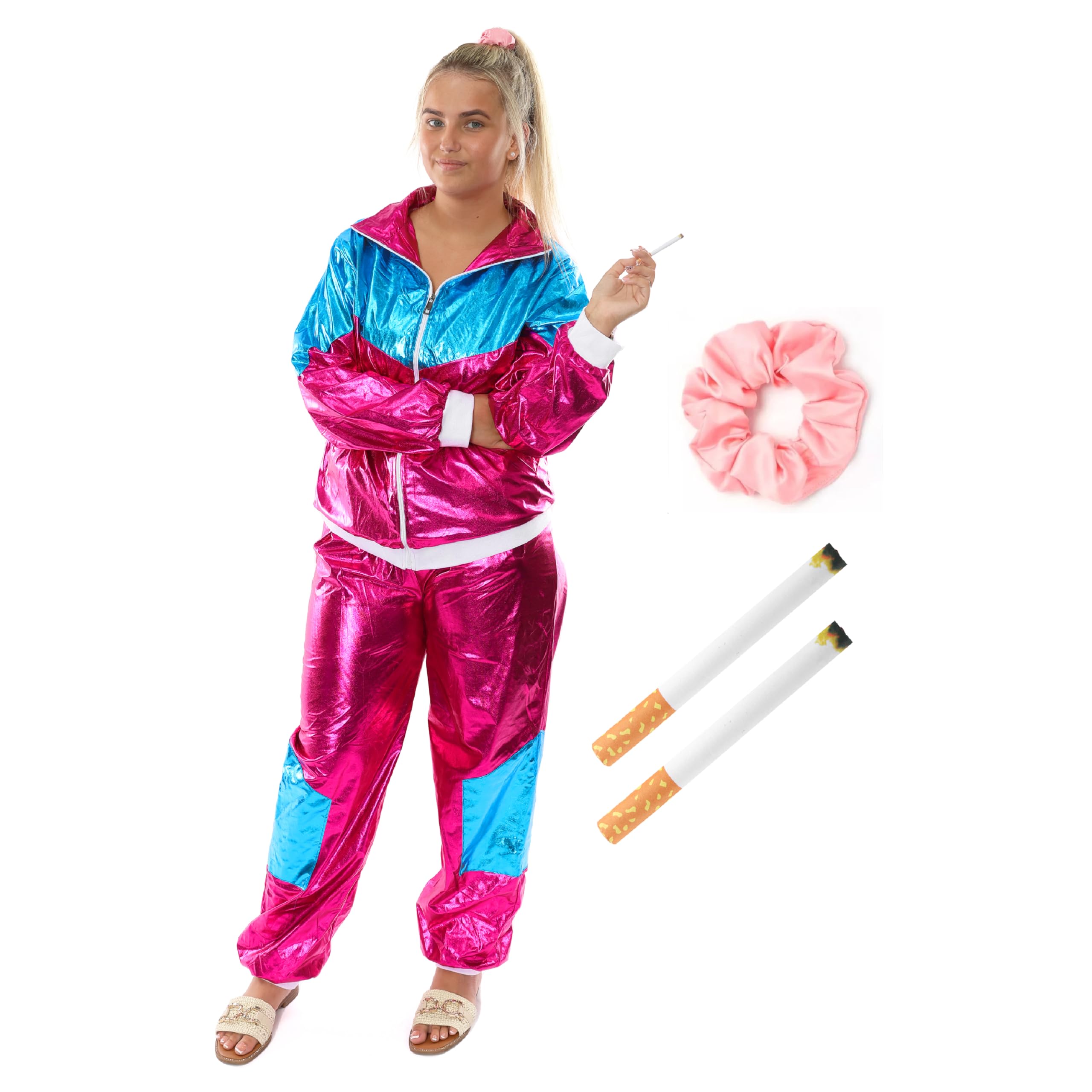Ladies Me Julie Costume - XLarge - Pink and Blue Tracksuit, 2x Fake Cigarettes and Pink Scrunchie Hair Tie - Perfect for Character Dress Up and Other Fancy Dress Events