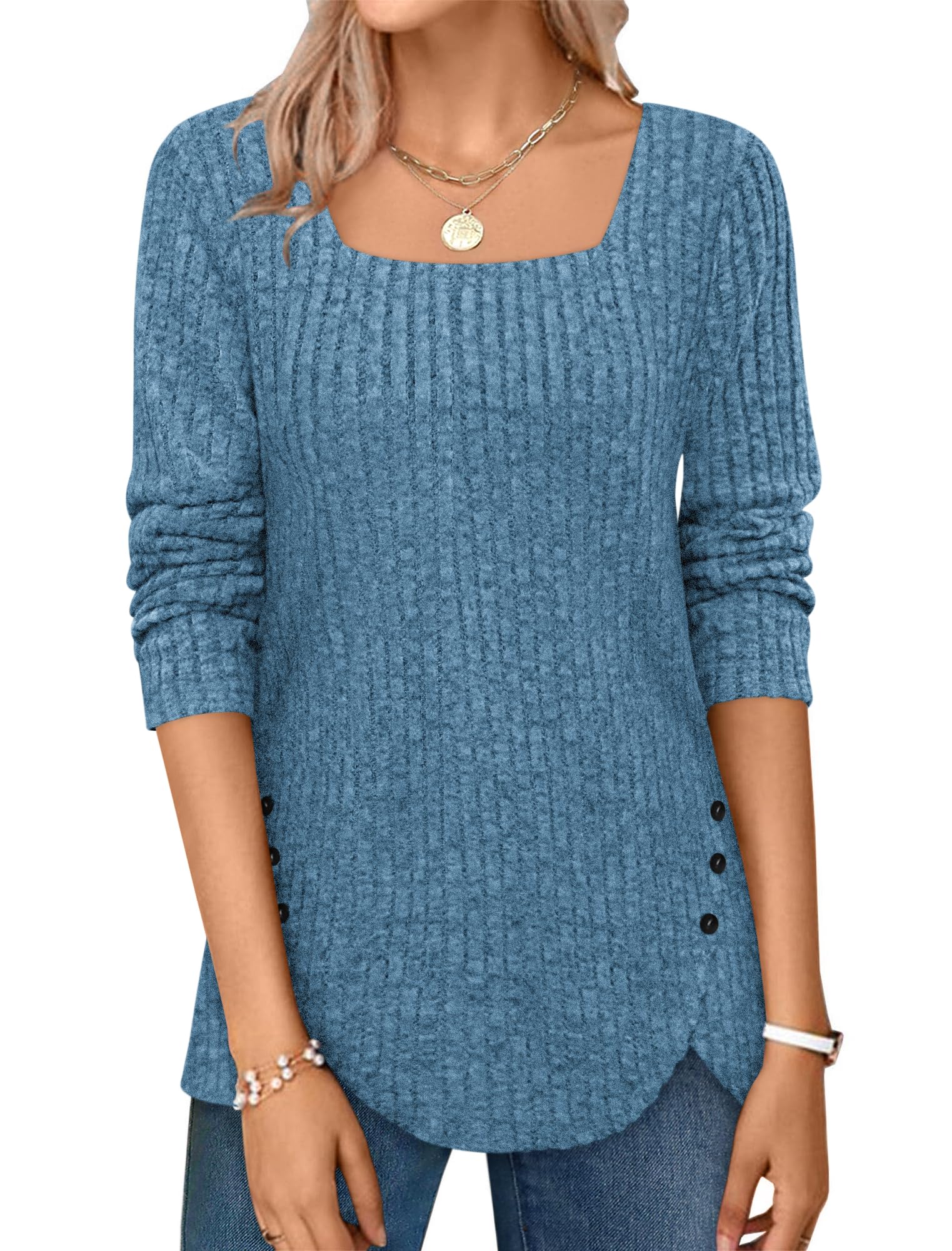 BZB Womens Sweaters Fall 2024 Lightweight Long Sleeve Square Neck Tunic Tops
