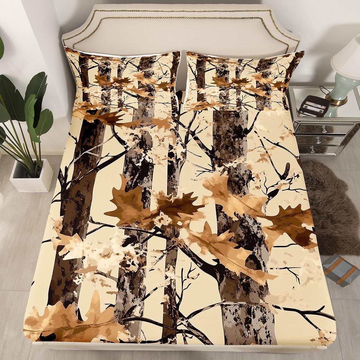 Erosebridal Rustic Tree Branches Bed Sheets Full Size Farmhouse Woodland Fitted Sheet Vintage Forest Sheets Hunting Camouflage Cabin Bedding Set with 2 Pillow Cases