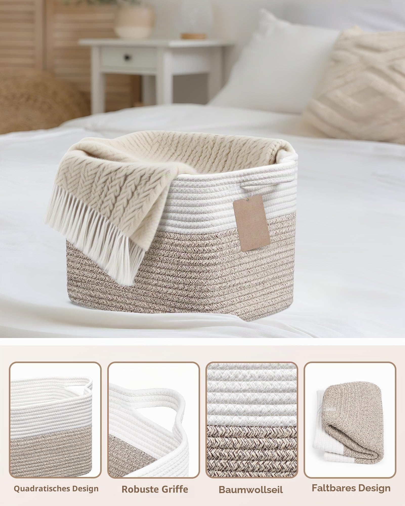 JOJOSEE Aufbewahrungskorb Geflochten 33x25x22,5cm Weiß & Braun 3 Stück