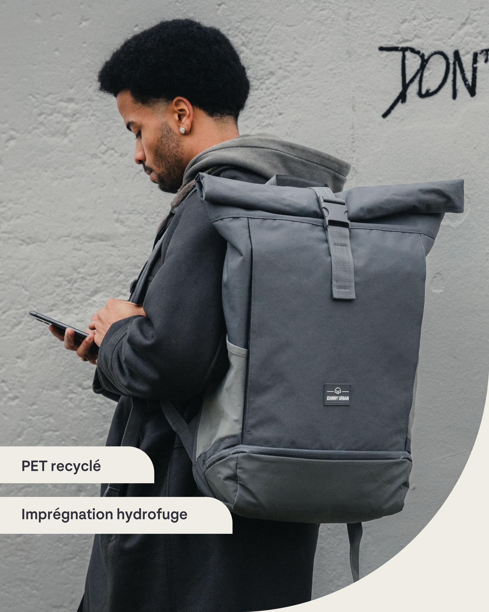 Johnny Urban Sac à Dos Femme & Homme Noir - Allen XL - Grand Sac Roll Top pour Travail & Voyage - Spacieux Backpack pour Ordinateur Portable - Imperméable