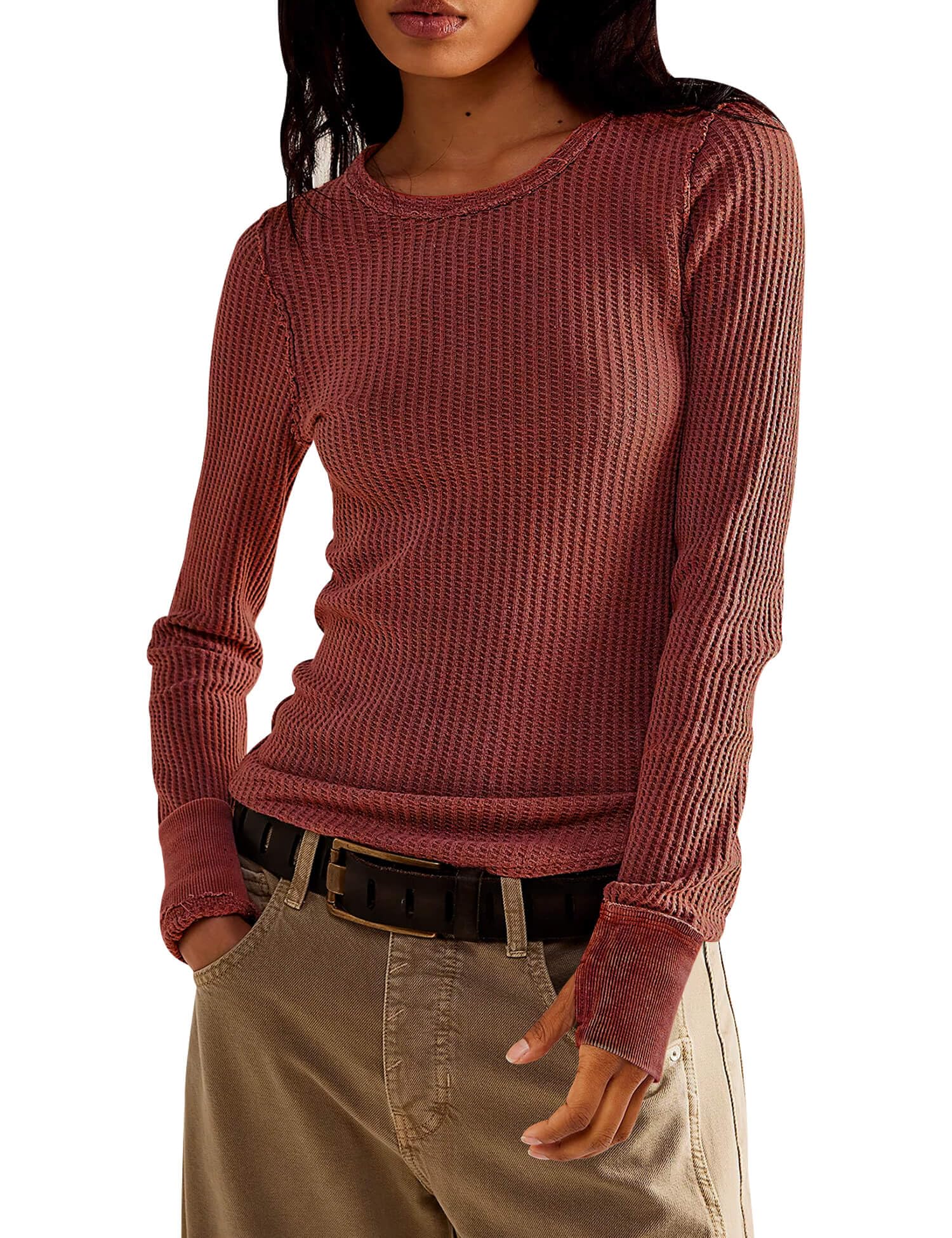 morhuduck Women's Waffle Knit Tops Long Sleeve Slim Fitted Pullover Shirts | Crew Neck Curved Hem Thermal Shirts Y2k Fall Tops