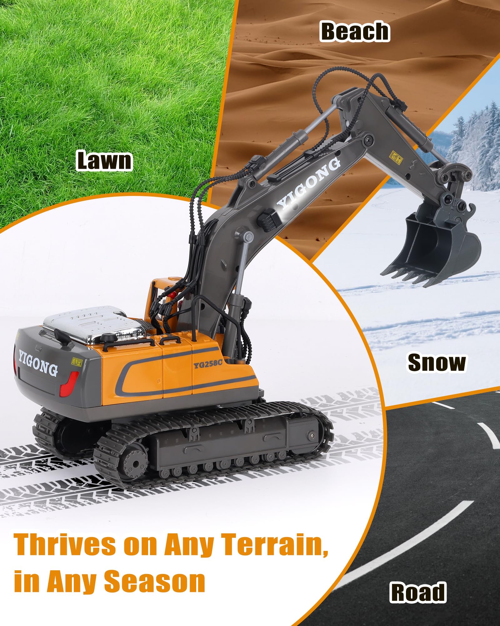 HuiJuKeJi 11-Channel Remote Control Excavator Toy, Rechargeable 2.4 GHz RC Construction Vehicle for Kids, 680° Rotation | Metal Shovel | Lights & Sounds, for Boys Ages 6-12
