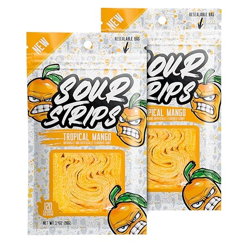 SOUR STRIPS Dulces tropicales con sabor a mango | Deliciosamente Chewy Belts - Caramelos vegetarianos, 12 por paquete, 2 unidades