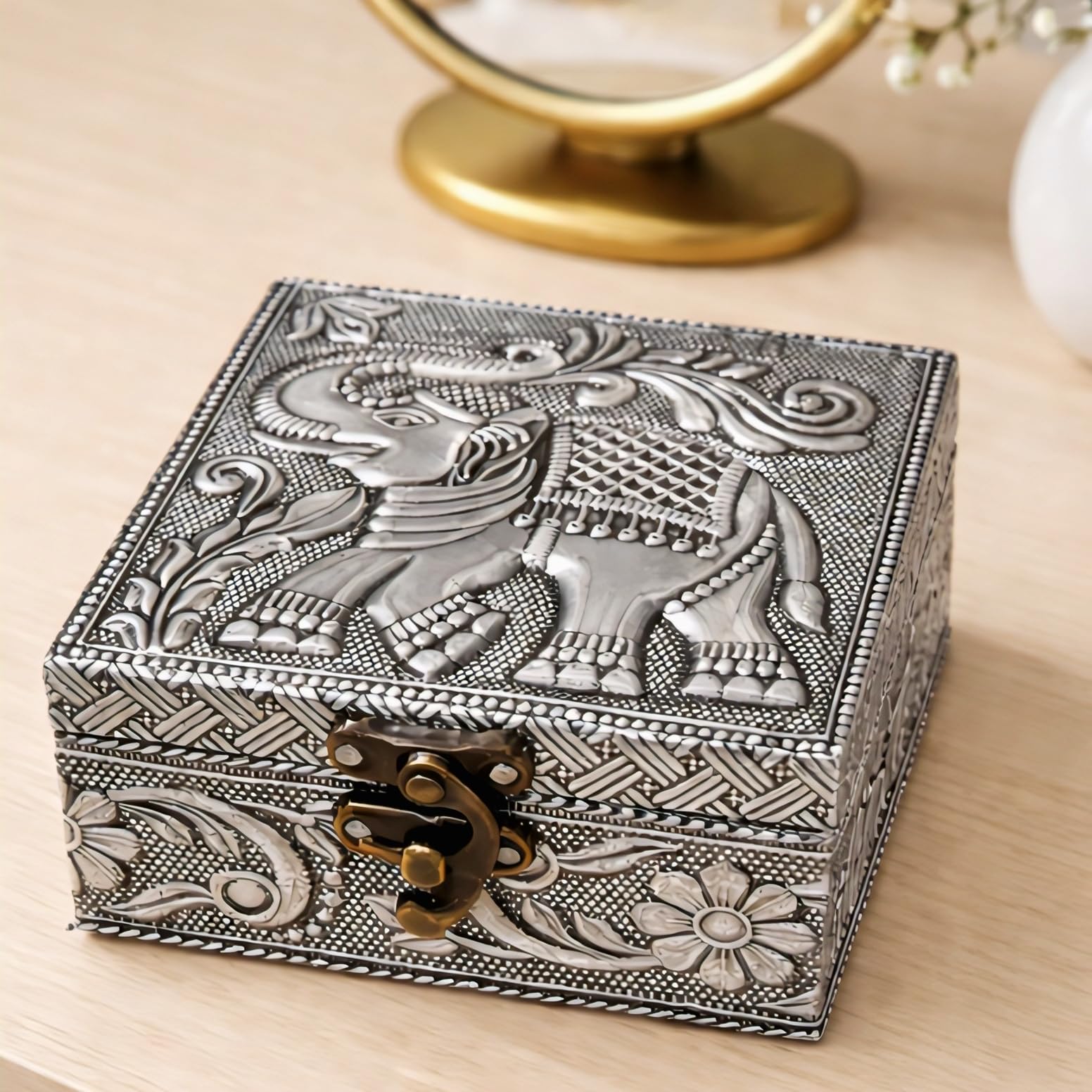 Trendifly Elephant Design Wooden Oxidised Jewellery Storage Box With Lock for Women 4 x 4 inch | Wood Jewel Earrings Ring Multipurpose Jewelry Organiser Box | Wedding Housewarming Pooja Return Gifts