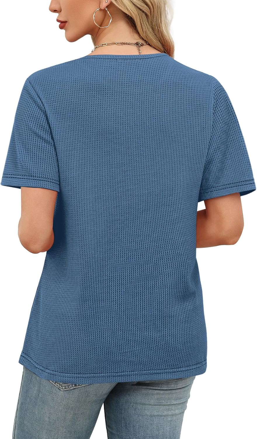 OFEEFAN Womens Tops Dressy Casual Short Sleeve Shirts Boho Crochet Lace Waffle Knit Plus Size Fashion Clothing - Image 5