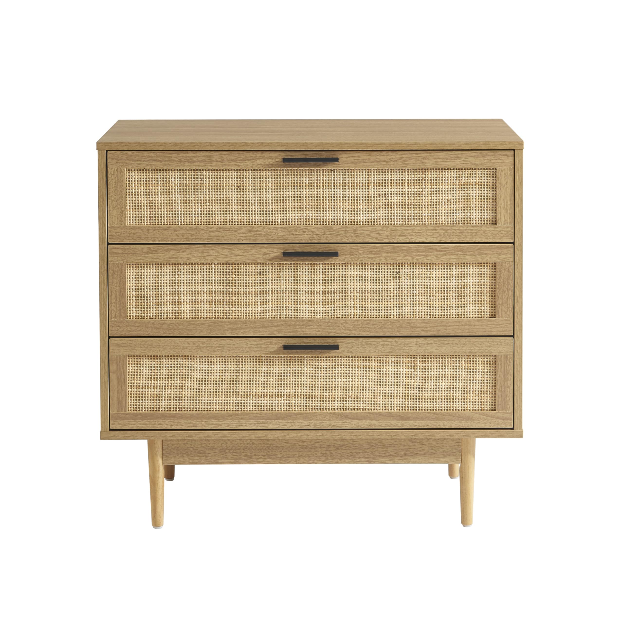 BAÏTA Commode Amana Effet chêne et cannage rotin 3 tiroirs 80cm
