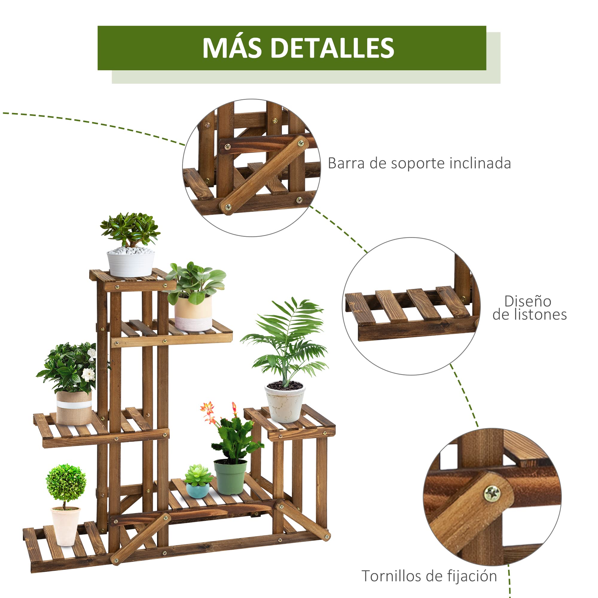 Outsunny Soporte de Madera para Flores Estantería Decorativa para Macetas Plantas con 6 Estantes Interior y Exterior para Jardín Balcón Terraza 95x28x96,5 cm Carbonizado