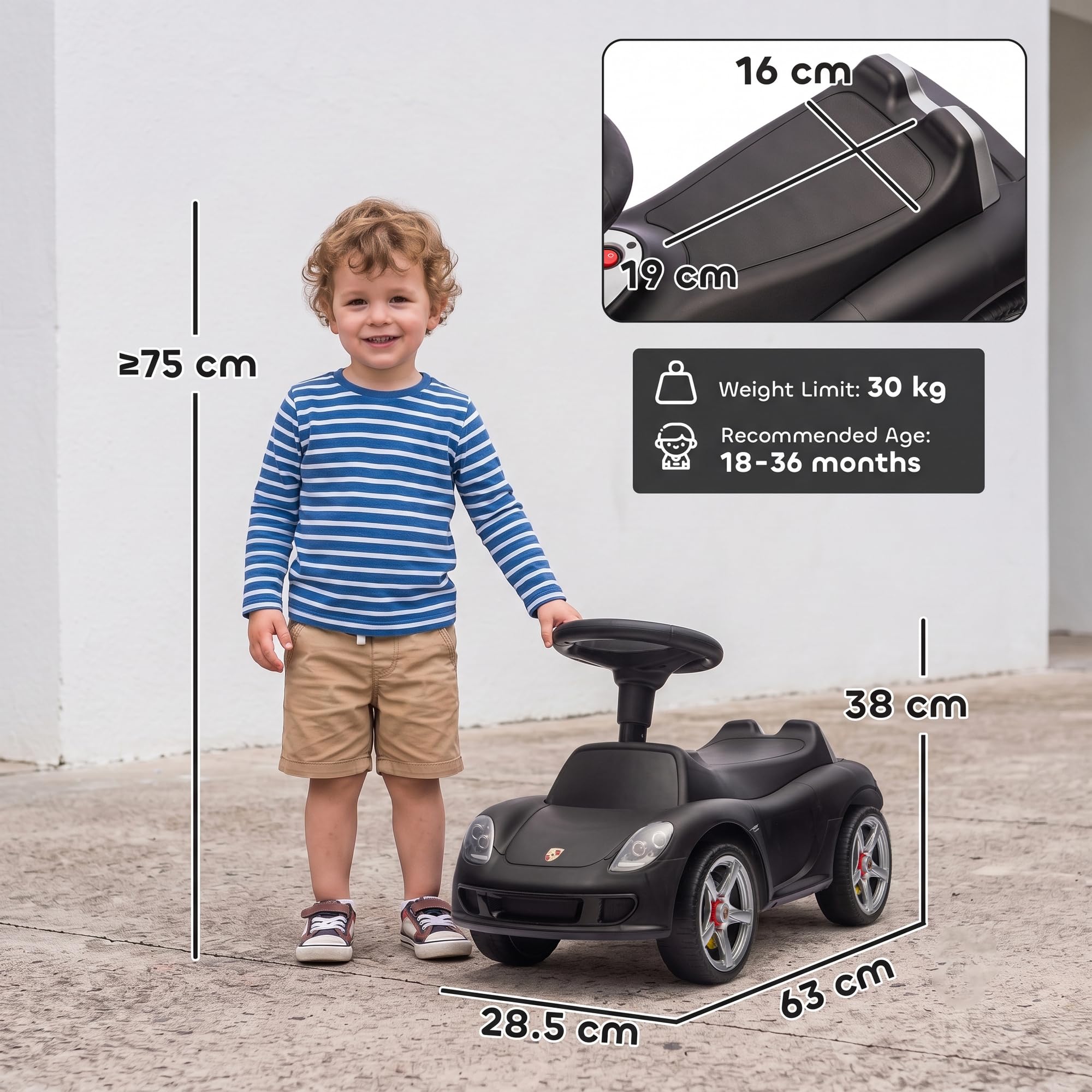 AIYAPLAY Jeździk Porsche dla dzieci z klaksonem, światłami i dźwiękiem rozruchu, 18-36 miesięcy, matowa czerń
