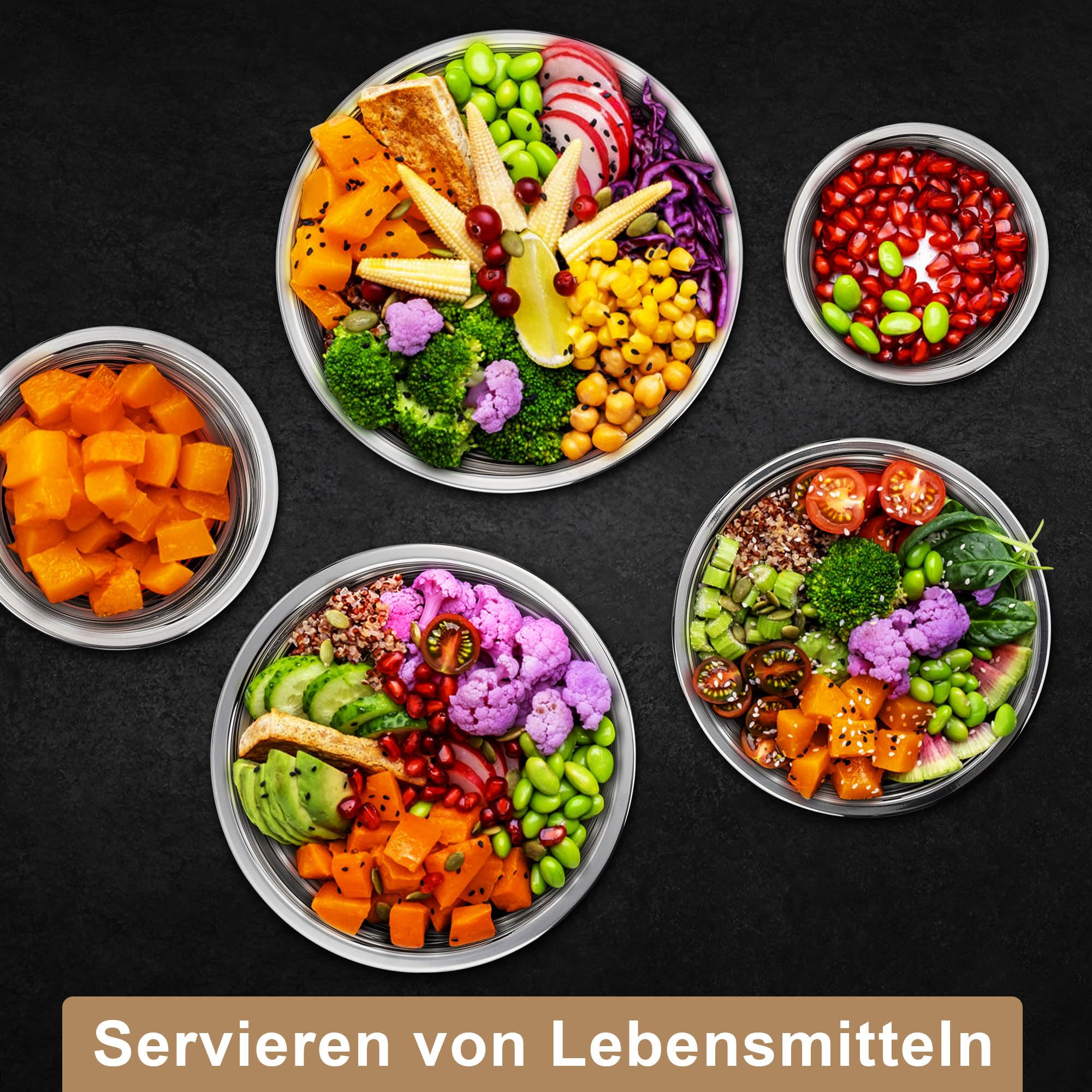 Herogo Rührschüssel 5er Set Khaki, Edelstahl Schüssel mit luftdichten Deckeln, Metall Salatschüssel mit 3 Reibenaufsätzen zum Zubereiten/Backen/Servieren/Aufbewahren/Mixen, Spülmaschinenfest