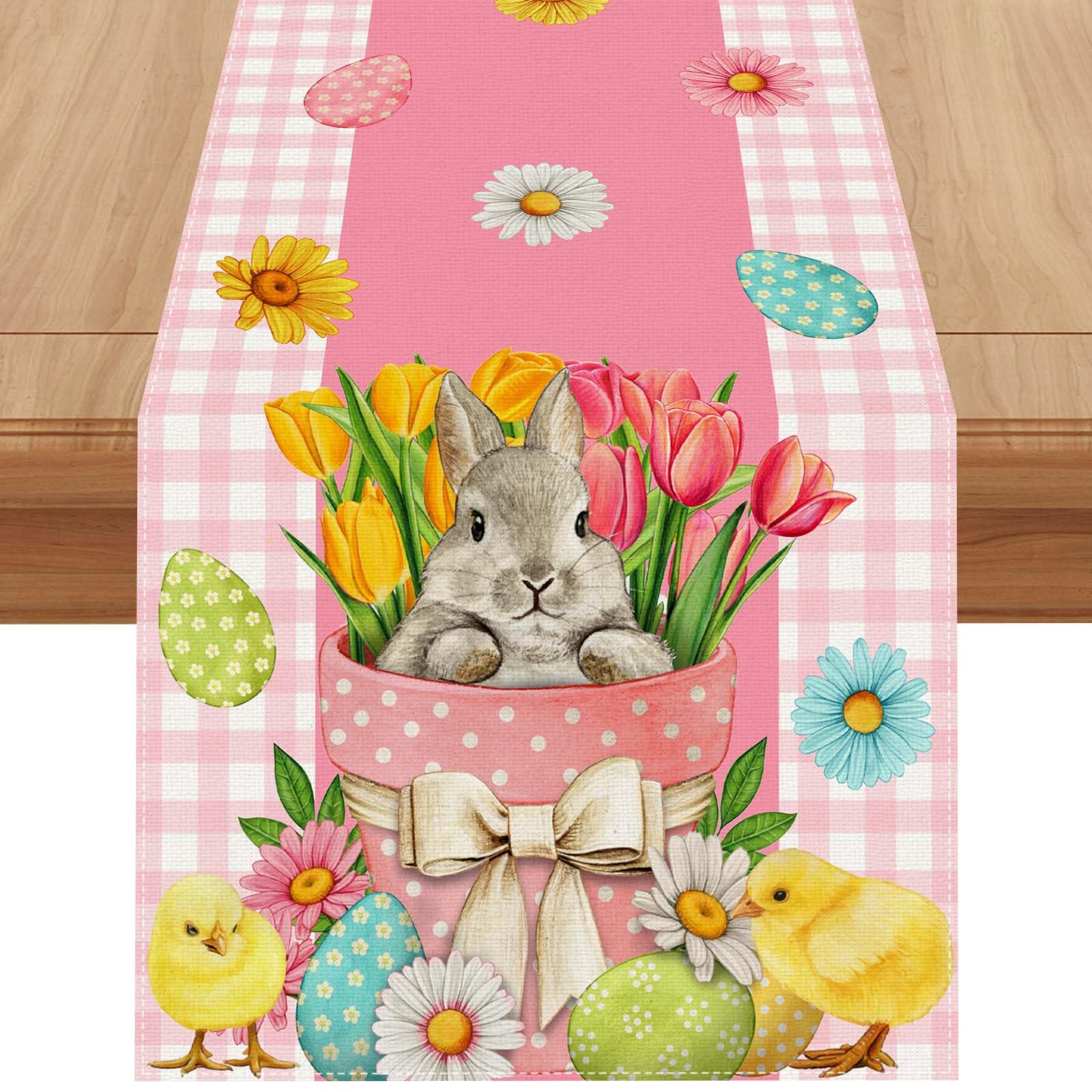 Vspek Chemin De Table En Lin Motif Lapin Happy Easter - Fleurs De Pâques - Chemin De Table Saisonnier Pour La Cuisine - Décoration De Fête D'intérieur