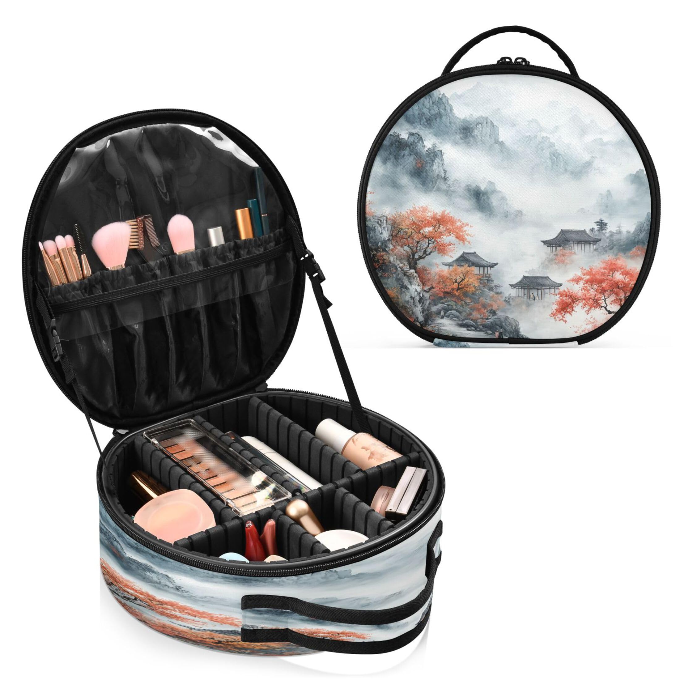 Takiito Chinese Landscape Painting Travel Makeup Case Portable Makeup Box Artist Cosmetic Case Organizer With Adjustable Dividers