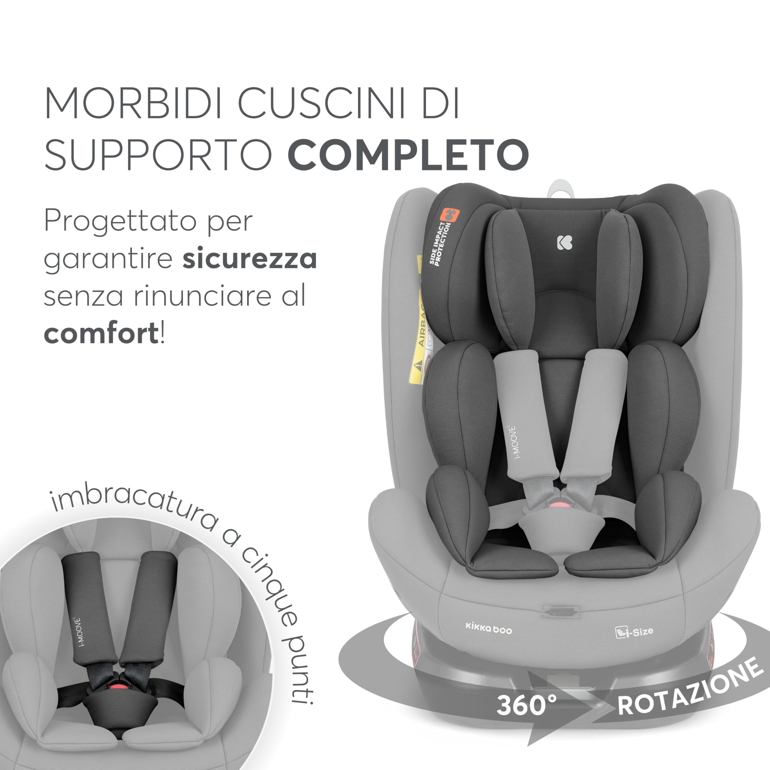 KikkaBoo Seggiolino Auto 0–36 kg ISOFIX i-Size i-MOOVE 2, 40–150 cm, Rotazione 360°, Reclinabile, Poggiatesta Regolabile, Contro e Fronte Marcia, Grigio Scuro