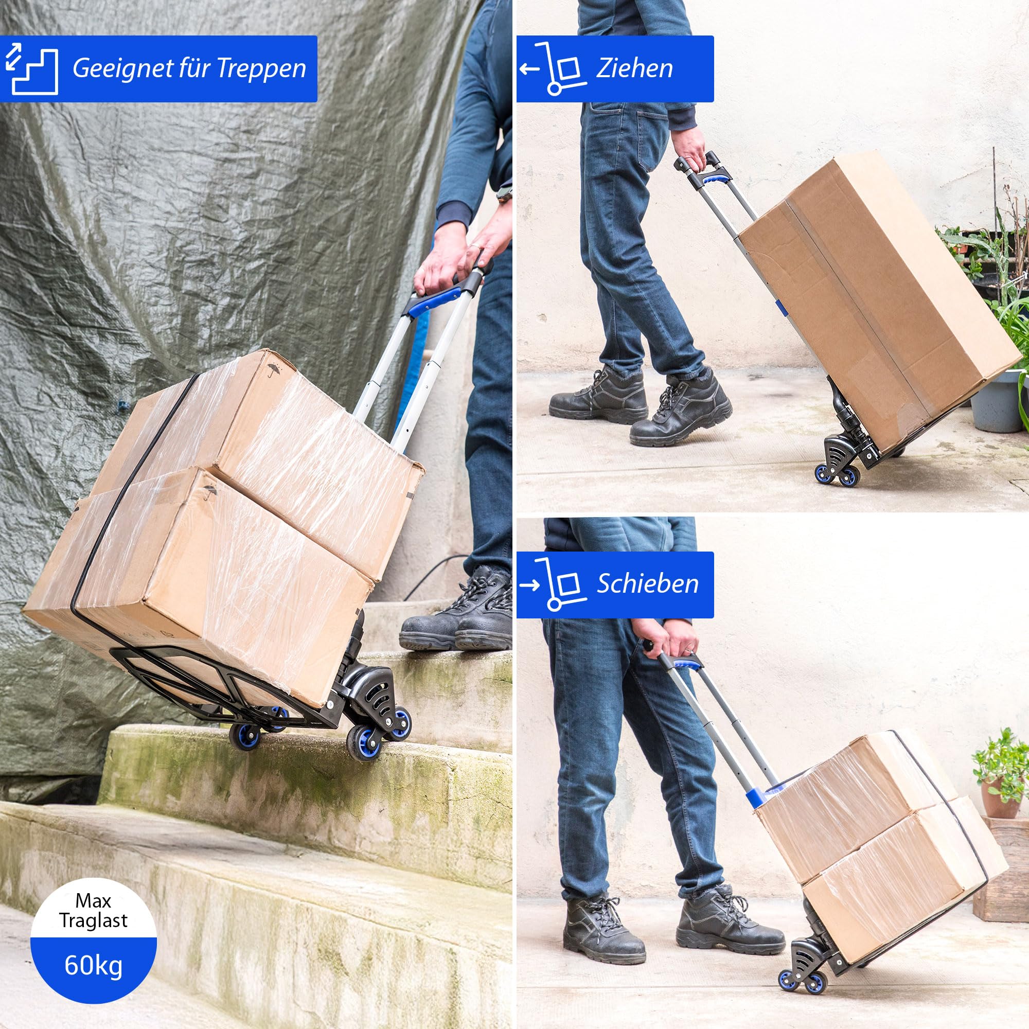 HOSTRÖM Treppensteiger Sackkarre klappbar – Aluminium Transportkarre mit 3-Rad-System, Teleskopgriff, Tragkraft 60 kg, kompakt, 5 Jahre Garantie