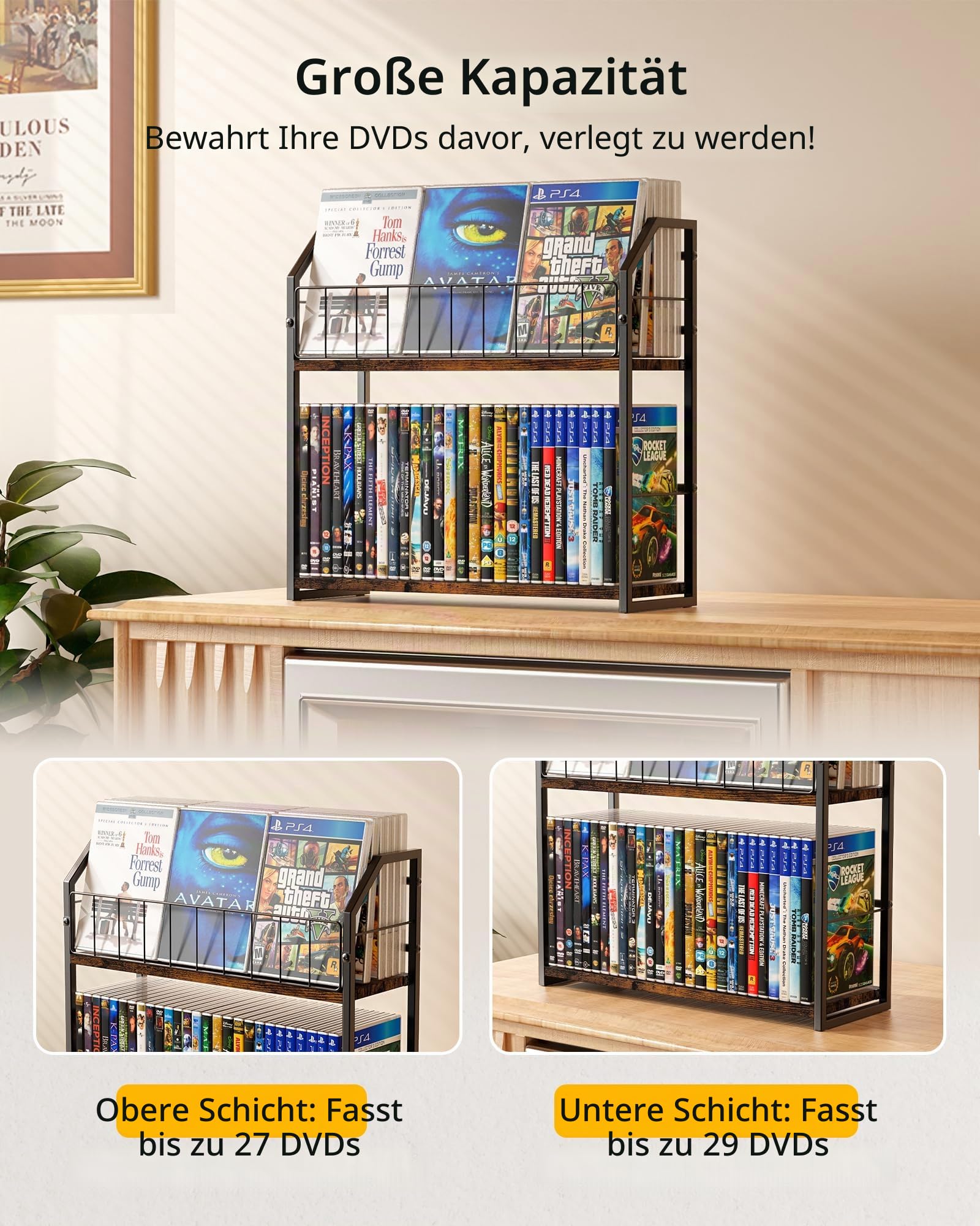 TJ.MOREE 2-stöckiges DVD-Rack mit 56 Ebenen und Schallplattenaufbewahrung, industrieller Retro-Kohlenstoffstahl/Holz, platzsparender Schreibtisch-Organizer