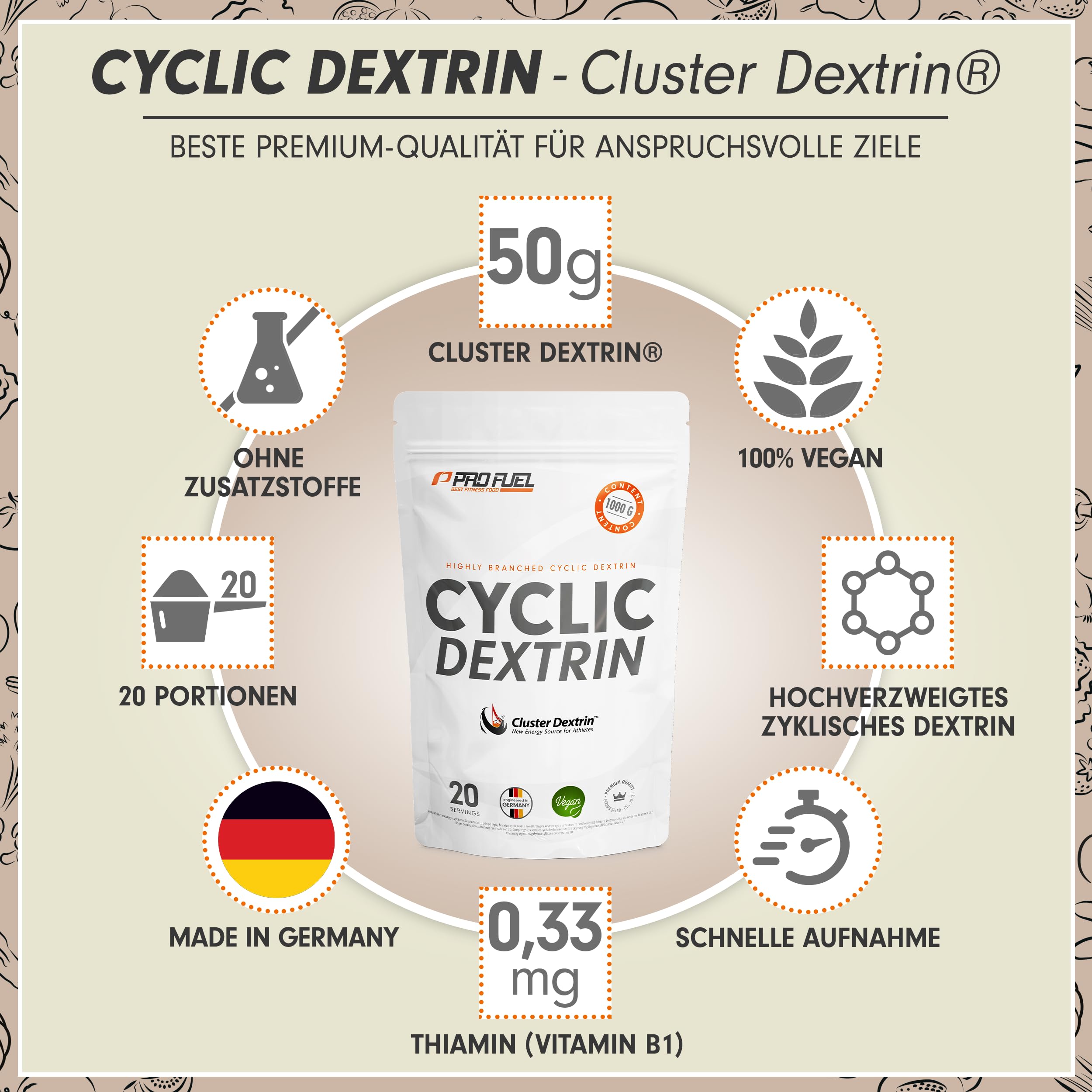 Cluster Dextrin® 1kg - hochverzweigtes zyklisches Dextrin (Highly Branched Cyclic Dextrin) - Cluster Dextrin® Premium Kohlenhydrate-Pulver als Alternative zu Maltodextrin - laborgeprüft - 20 Portionen