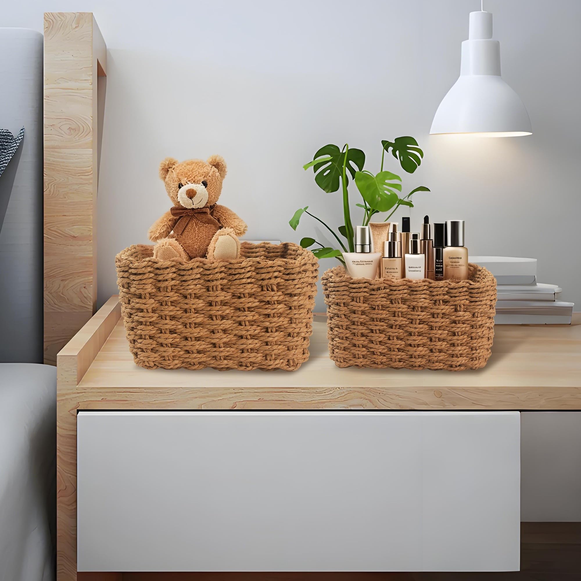 Set di 4 Cestini Portaoggetti, Cestini Organizer in Vimini Naturale, per Bagno, Armadio, Cucina o Cameretta