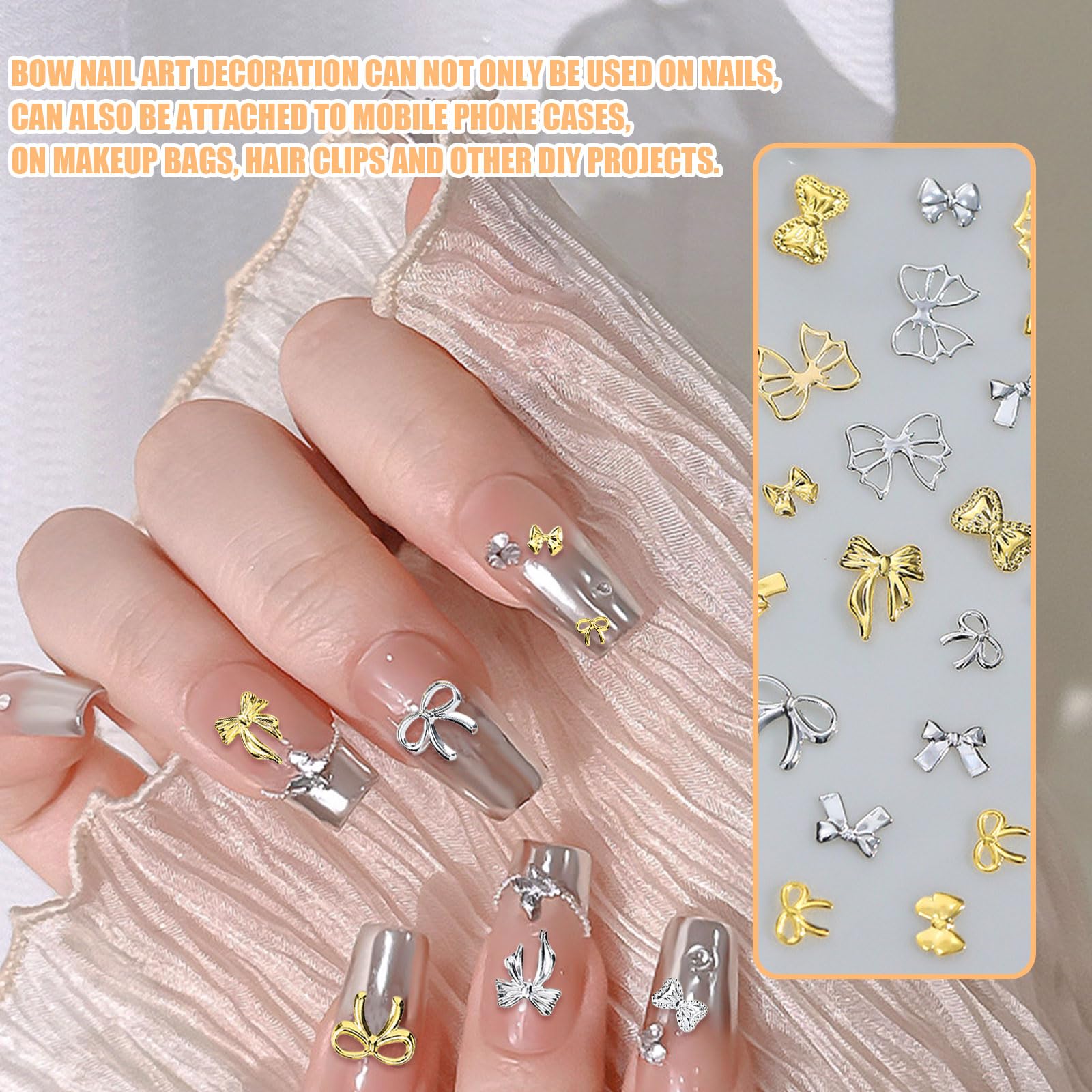 Bow Nail Charms,300PCS Gold Silver 3D Nail Art Bows,Metal Alloy Bowknot Bow Tie Nail Gems and Charms for Nail Art Design Decorations DIY Crafts Jewelry Accessories - Image 4
