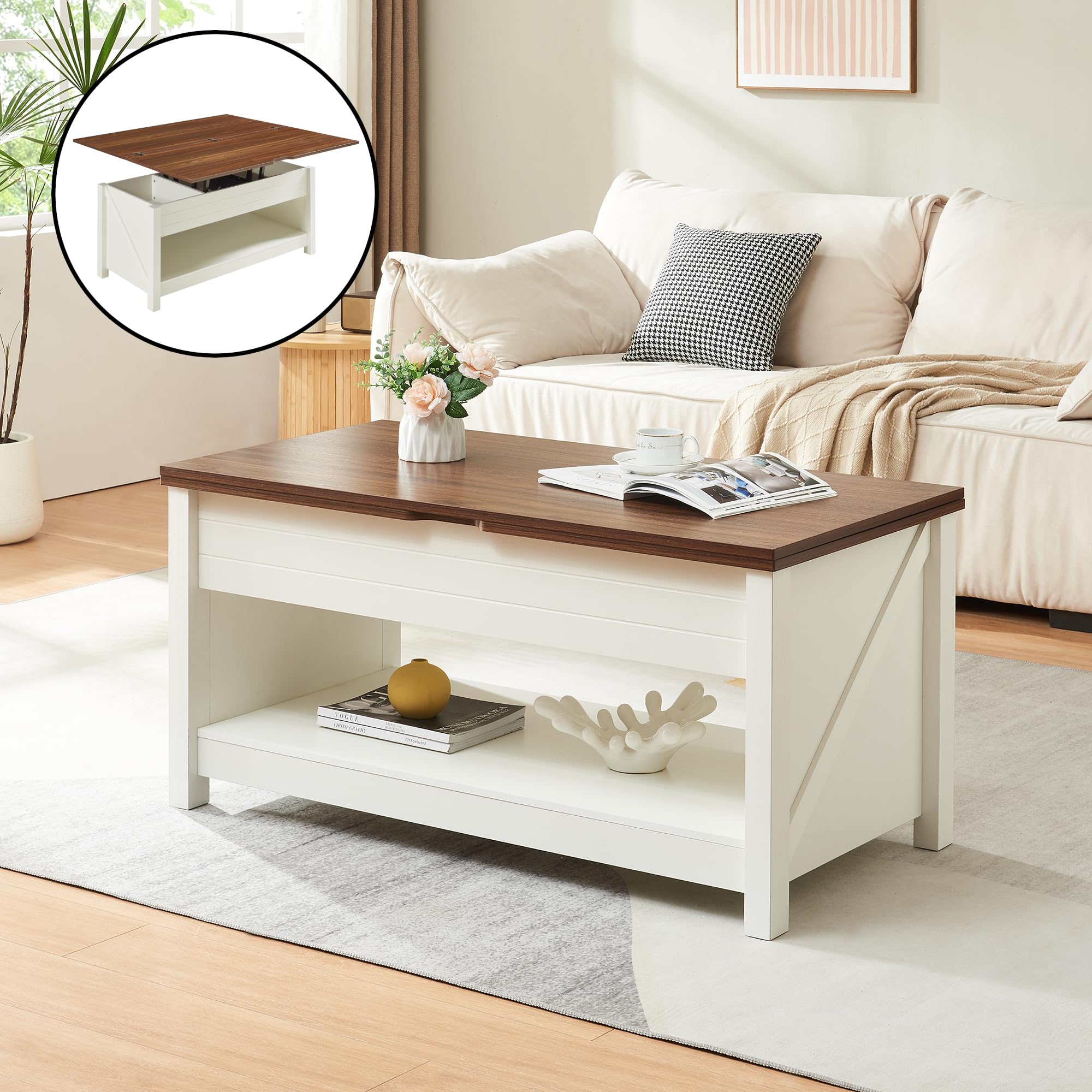[en.casa] Table Basse de Salon avec Plateau Relevable Compartiment de Rangement Étagères Piètement Stable Panneau de Particules 110 x 55 x 54 cm Effet Noyer Blanc