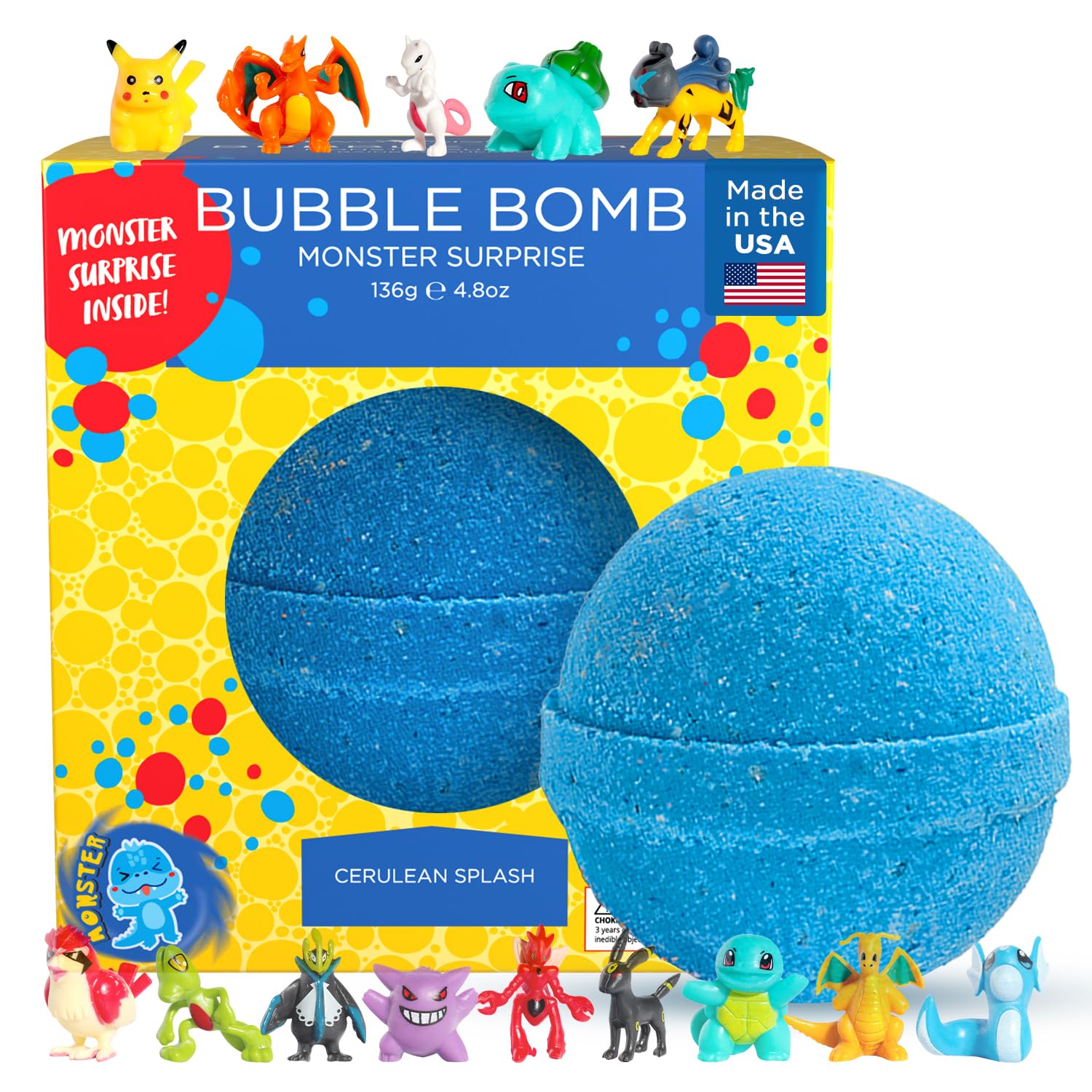 Poke Monster Bath Bomb for Kids with Surprise Toys Inside (1 Pack) - Large Bubble Bath Bombs for Boys & Girls - Skin-Safe, Made in USA, Birthday Gift for Kids by Two Sisters