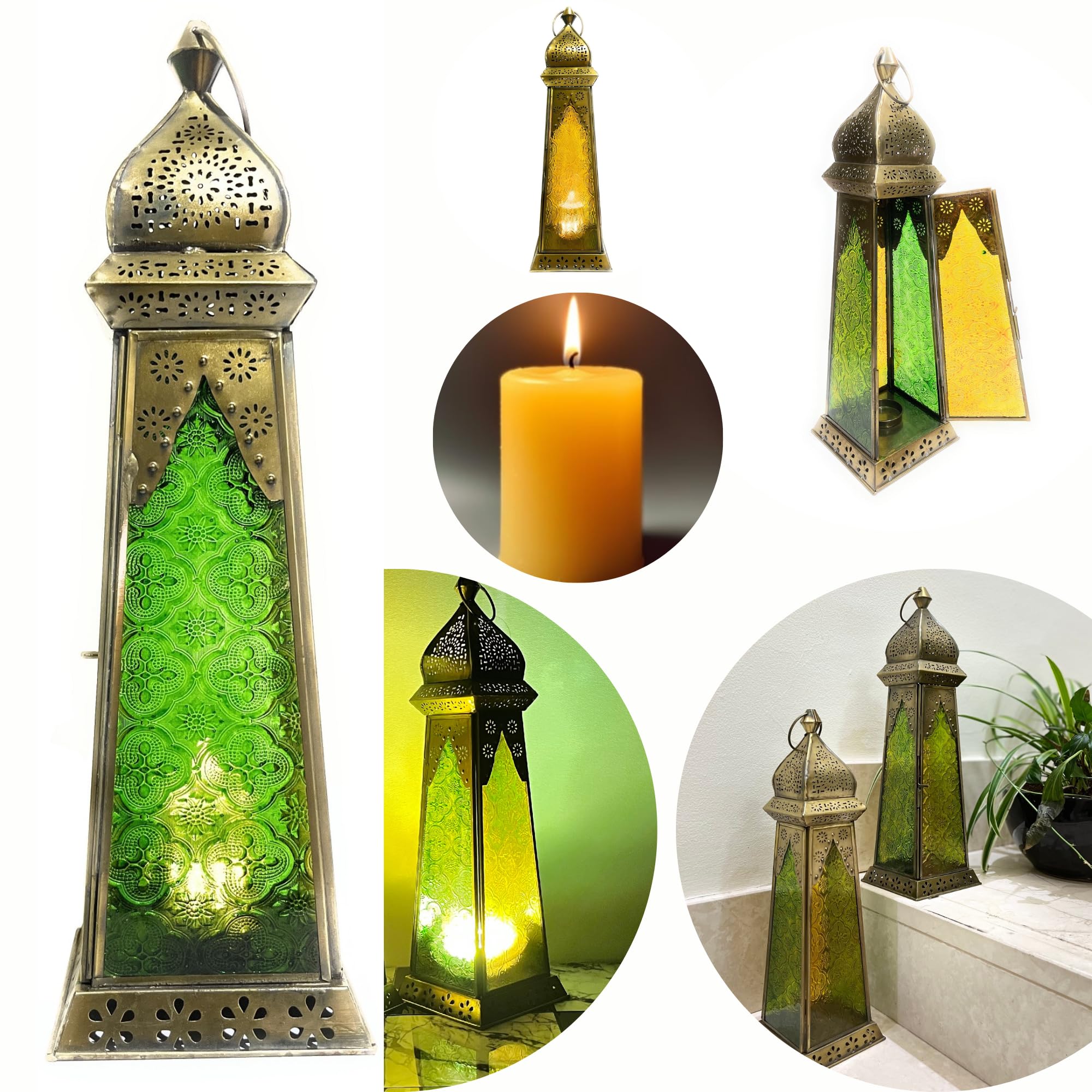 Souq DESIGNS Ramadan Lantern – Metal Candle Lanterns for Decor, Large Arabic Lantern Set for Indoor Outdoor Fanoos, Ramadan & Diwali Decorations, Balcony & Table Square with Green Yellow 1 pc