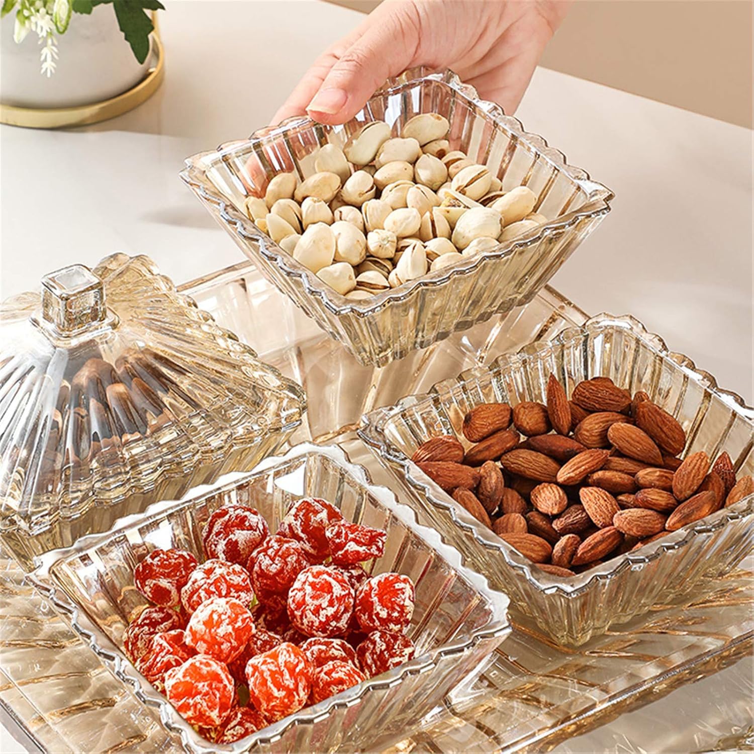 Snackschale aus Kristallglas, 4 Fächer, Obstteller, Küche, Serviergeschirr, Süßwaren, Snacks, getrocknete Früchte, Organisationsteller, Heimdekorationen