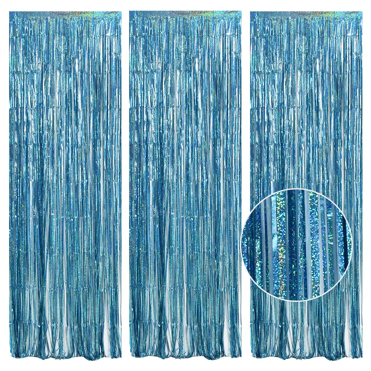 TONIFUL 3Pcs Laser Light Blue Door Streamers,Laser Blue Photo Booth Backdrop Metallic Streamers Blue Foil Fringe Curtains for Birthday,Christmas,New