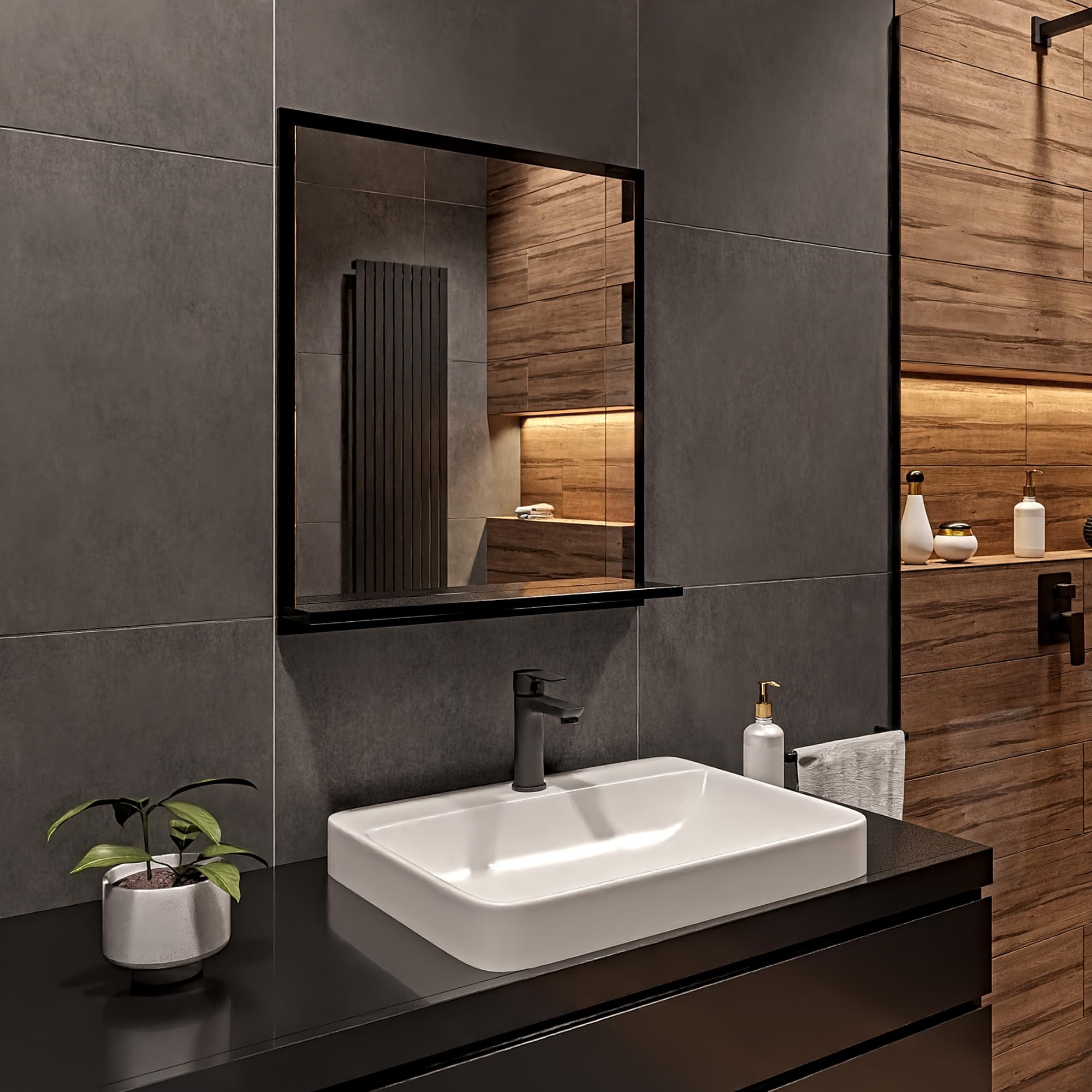Specchio da Parete con Mensola da Bagno Nero A: 70 cm x L: 60cm - Specchio da Bagno con Ripiano, Trucco, Salotto, Corridoio