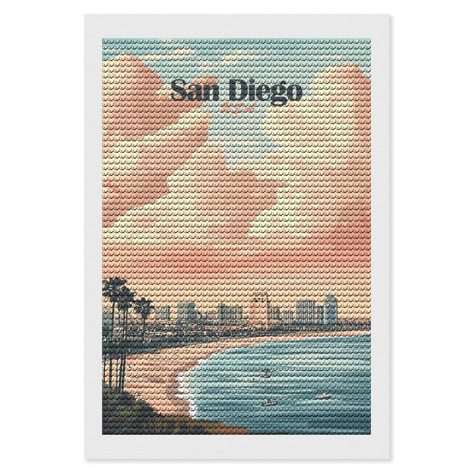 Junmoney San Diego Skyline Sunset DIY Diamond Art Canvas Kit 8"x12", Christmas Gift, for Family Craft Time, Leisure Activity, Home Wall Art