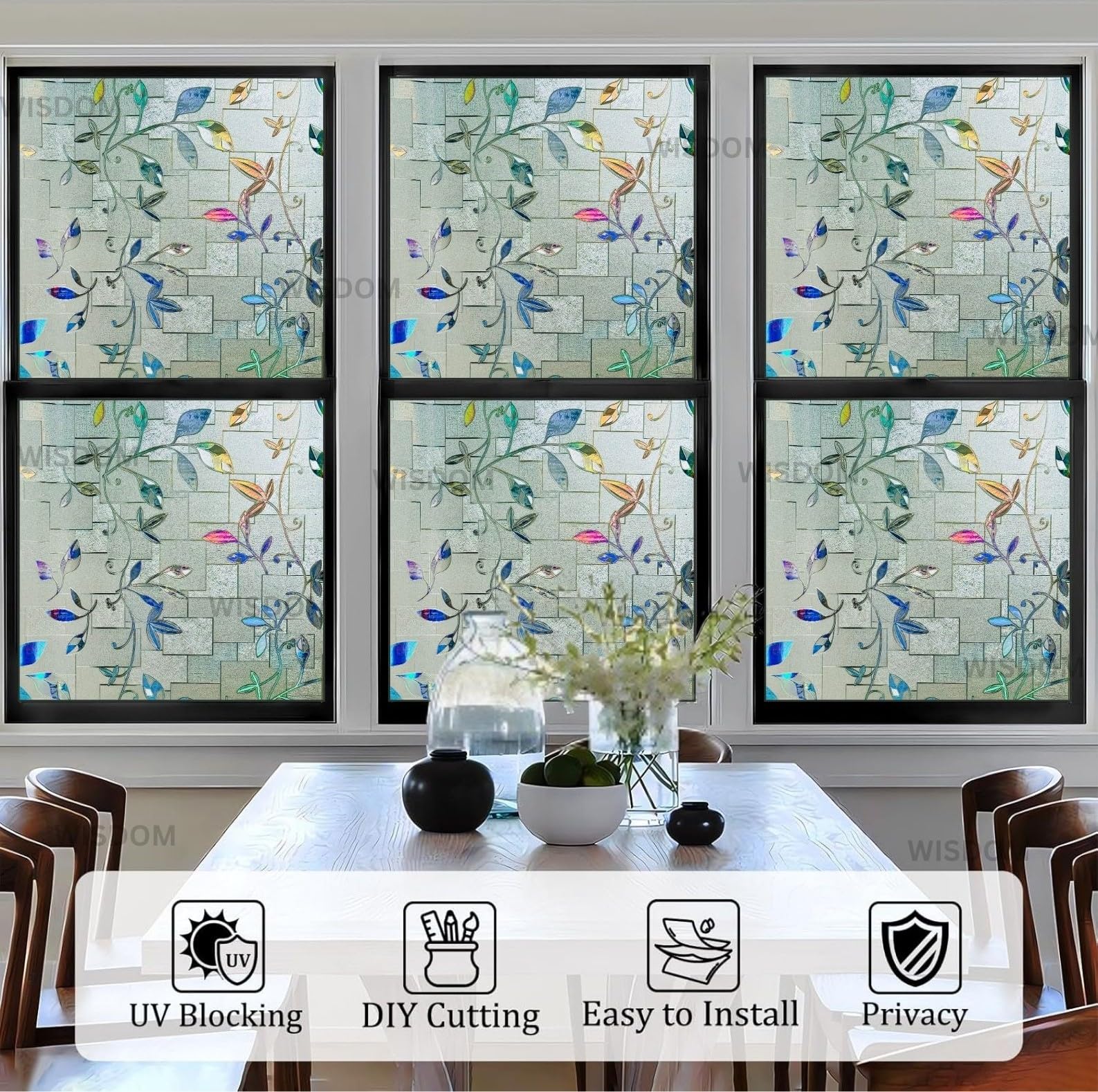 WISDOM Premium Frosted Glass Window Film Self Adhesive Decorative Glass Window Privacy Sheet Film UV Control Removable Vinyl Privacy Film (Rainbow Leaves, 12x100 Inch) 1
