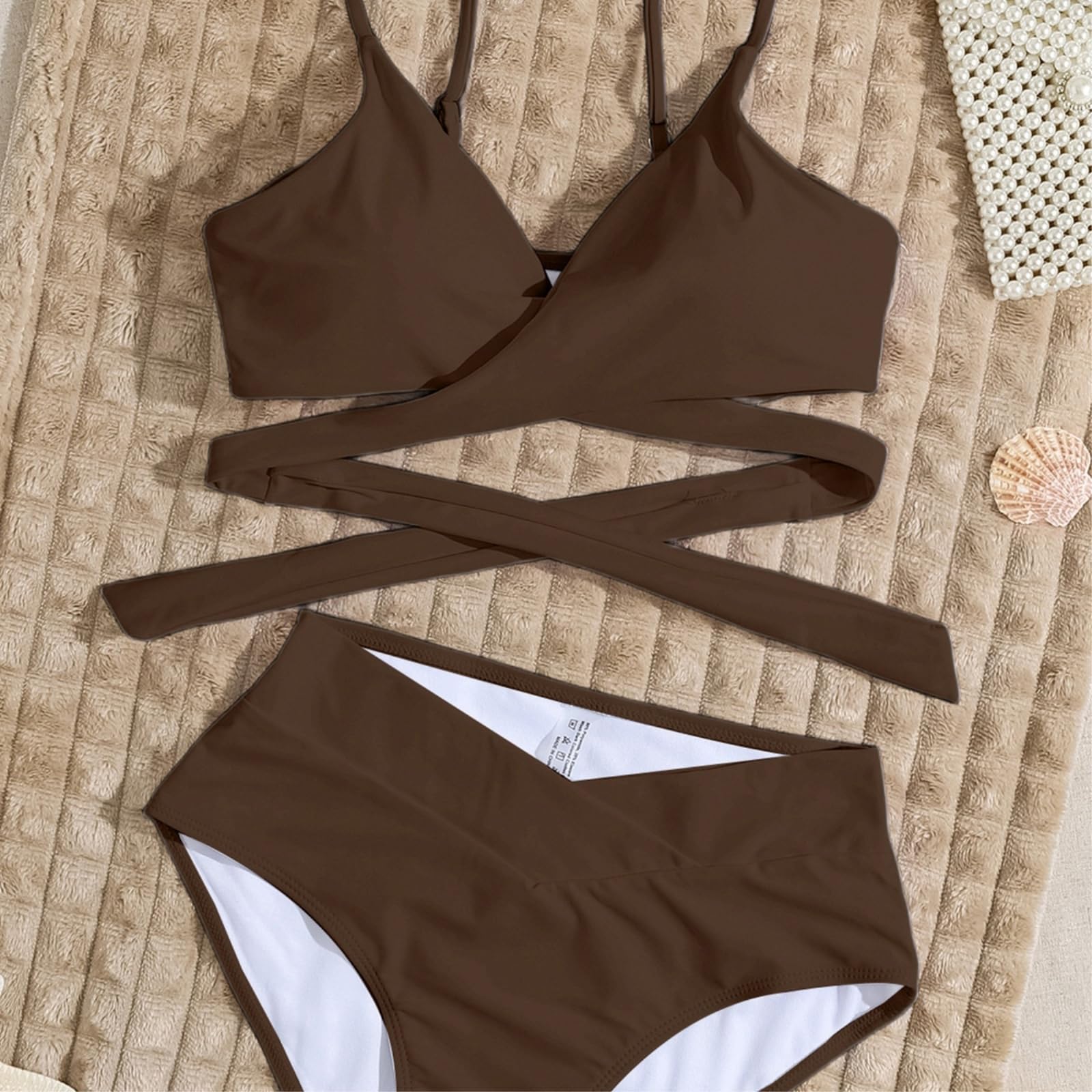 Bikini Mujer Mujeres Criss Cross Set Cintura Alta Traje De Baño Playa Dos Piezas-Chocolate-l