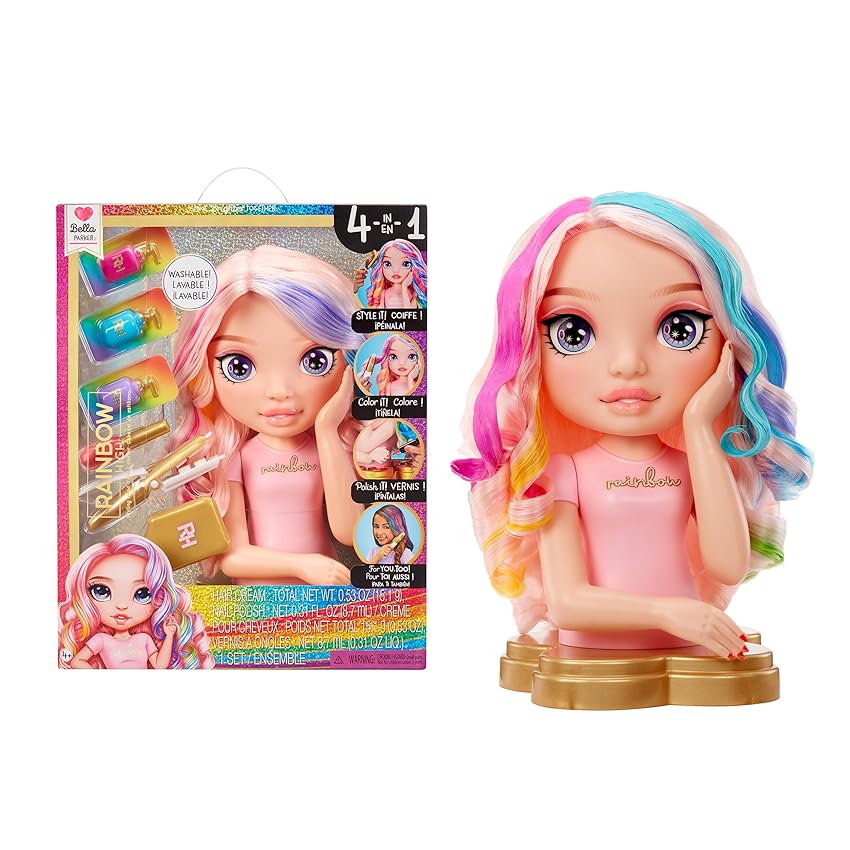 Rainbow High Styling Head - 33 cm Bella - Set da gioco 4 in 1 con creme per capelli, smalto, spazzola e strumento per colorare, acconciare, colorare e lucidare i capelli - Età 4-12 anni