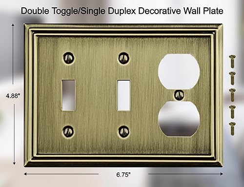 Vista 75 de Adler - Placa de pared de metal para interruptor de luz dúplex de palanca/dúplex, paquete de 2 unidades de latón antiguo, cubierta de salida