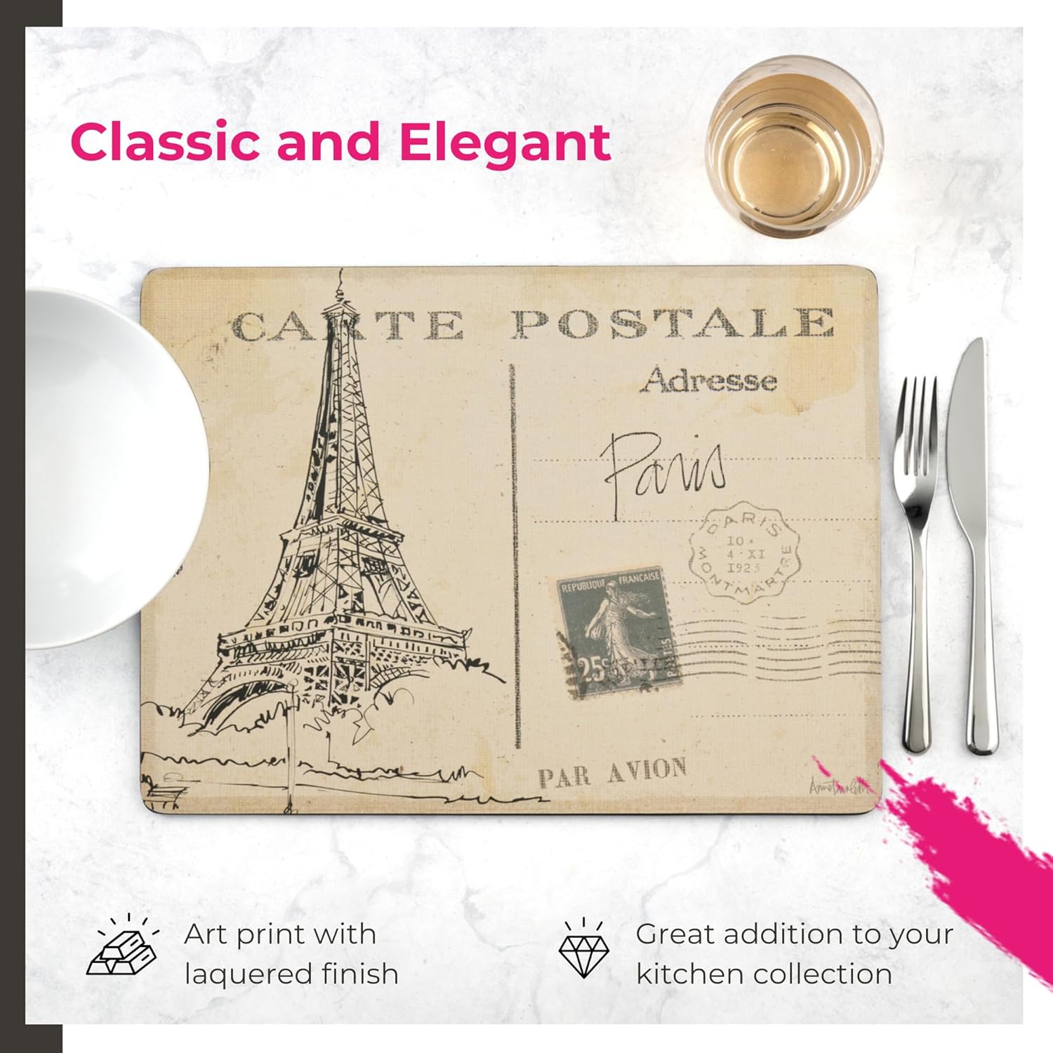 Pimpernel Postcard Sketches Collection Placemats, Set of 4 – (15.7" x 11.7") Cork-Backed Placemats with Classic City Artwork Inspired by Paris, London, Rome & New York, Heat & Stain Resistant Surface