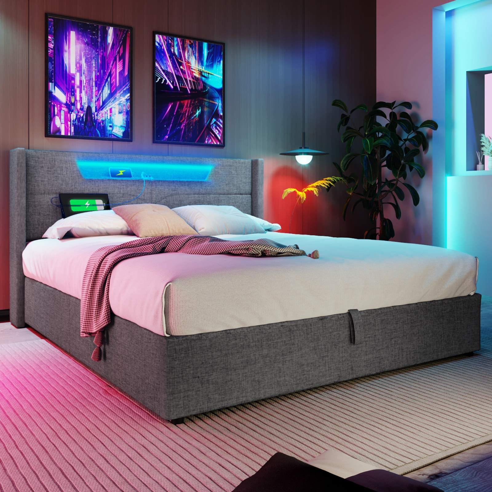 Lit Rembourré Avec Rangement Et LED - Cadre 180x200cm Avec Tête De Lit Et USB