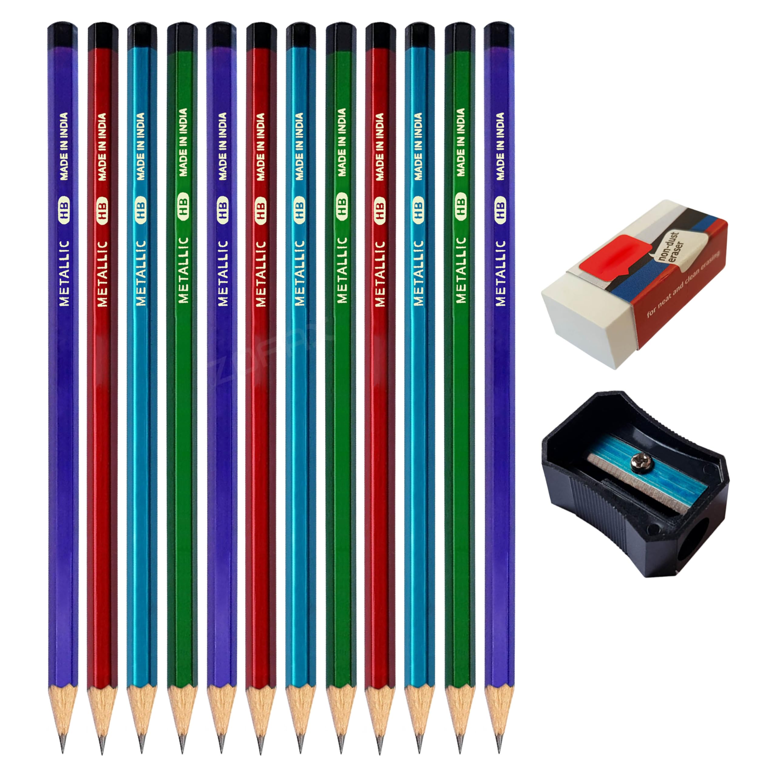 ZOFAX NatMet HB Graphite Pencils, Pack of 12, Wooden Pencils Sharpener Eraser Pack, Write Draw Sketch Pencils, School Home Office Use, iZOFAX Black Ball Pen