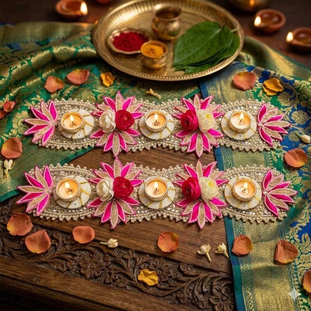 Decorative Lotus Table Runner, Pink and White, Floral Tealight Holder, Festive Diwali Decor, Set of 2-image-41