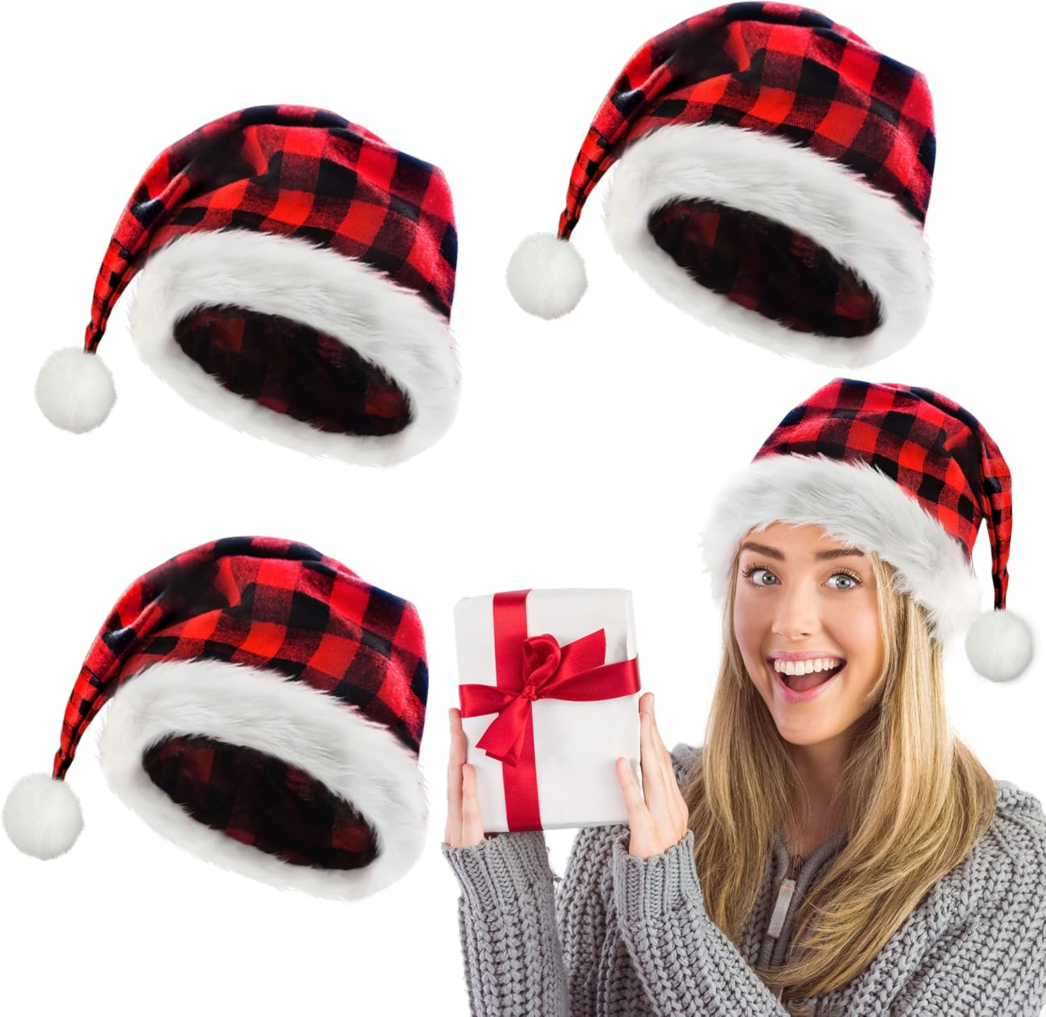 algpty 2 Pack Santa Hats for Adults Teenagers - Red Buffalo Plaid Christmas Hats Unisex Thicken Velvet Xmax Holiday Hats for Party Supplies Fluffy Plush Santa Claus Hats for Women Men Kids Family : Clothing, Shoes & Jewelry