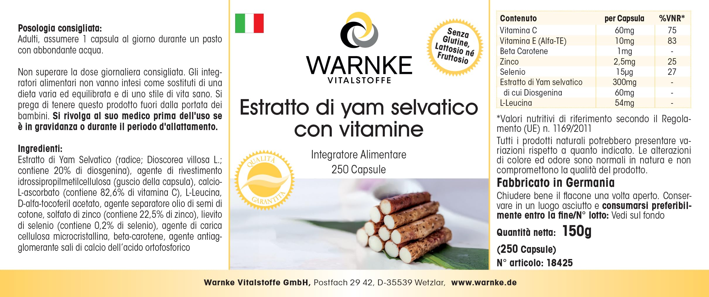 Igname Sauvage - Extrait - 250 gélules- Végétarien - 20% de diosgénine, vitamine C et E bêta-carotine, zinc et sélénium | Warnke Vitalstoffe - Qualité des pharmacies allemandes