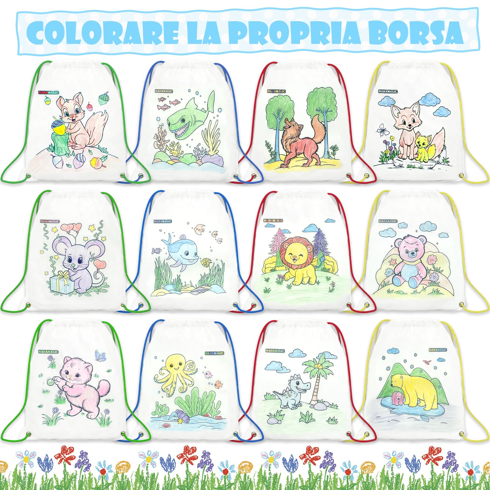 12 PCS zaini da colorare con 12 pastelli a cera impilabili (7 colori in uno), adatto come regalini fine festa compleanno bambini invitati, sacchetti e gadget compleanno bambini